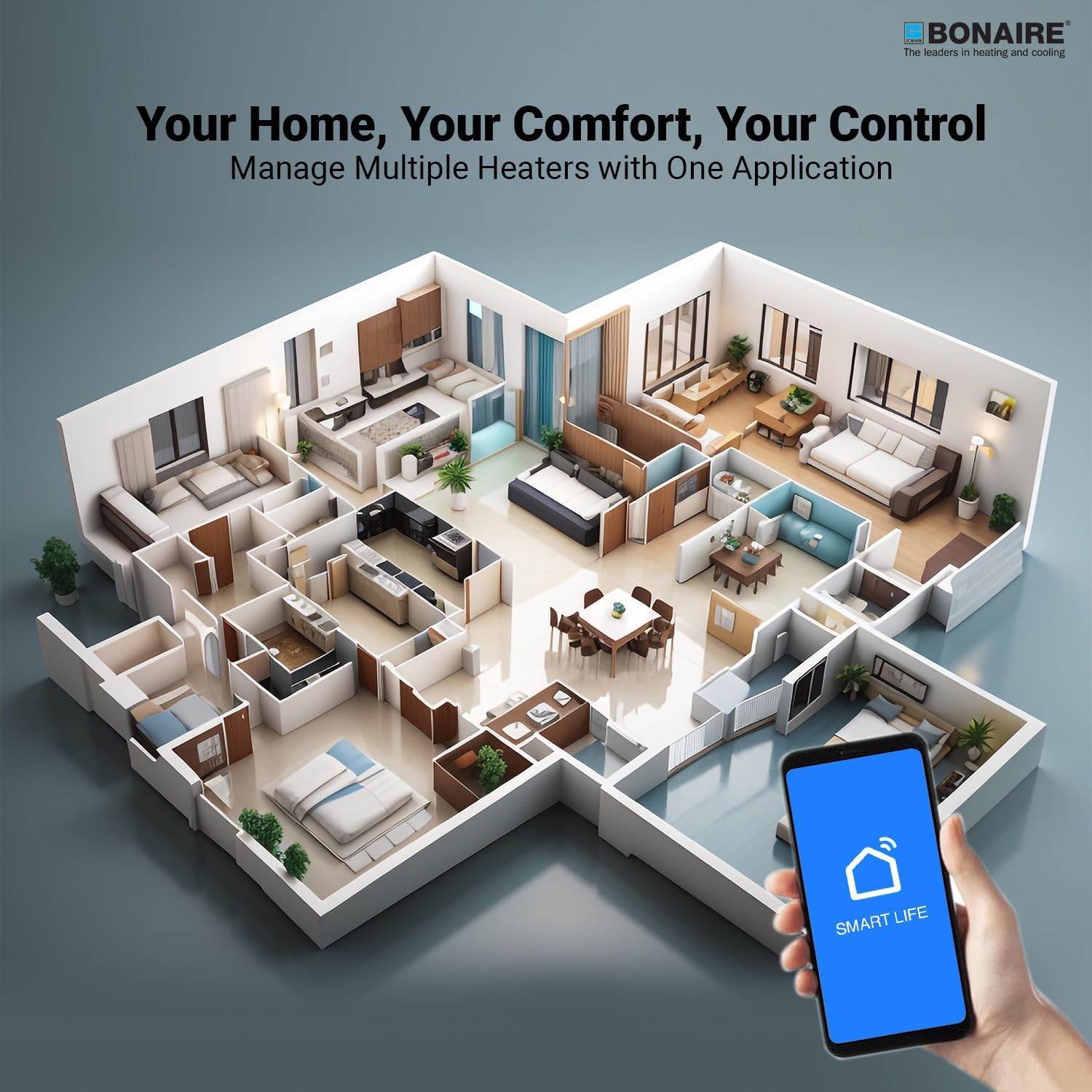 Bonaire Portable Electric Convection Heater 2400W for Home Bedroom Indoor Office with Smart Wi Fi Touchscreen Display, Antifrost Function, Slim Design Freestanding Space Heater, Black