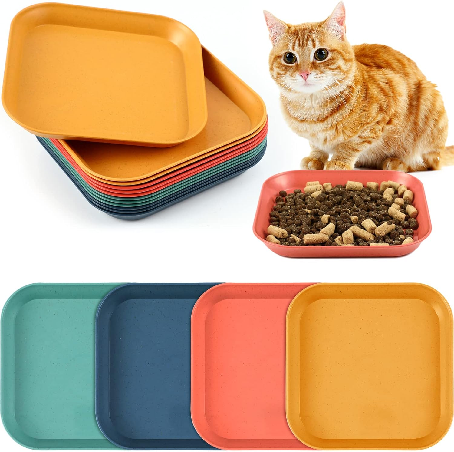 Gerrii 12 Pieces Whisker Fatigue Relief Cat Bowl 6 Inch Shallow Cat Food Dish Cat Wet Feeding Bowls Wide and Small Pet Plate for Kittens and Short Legged Cat, Wheat Straw (Vintage Colors,Square)