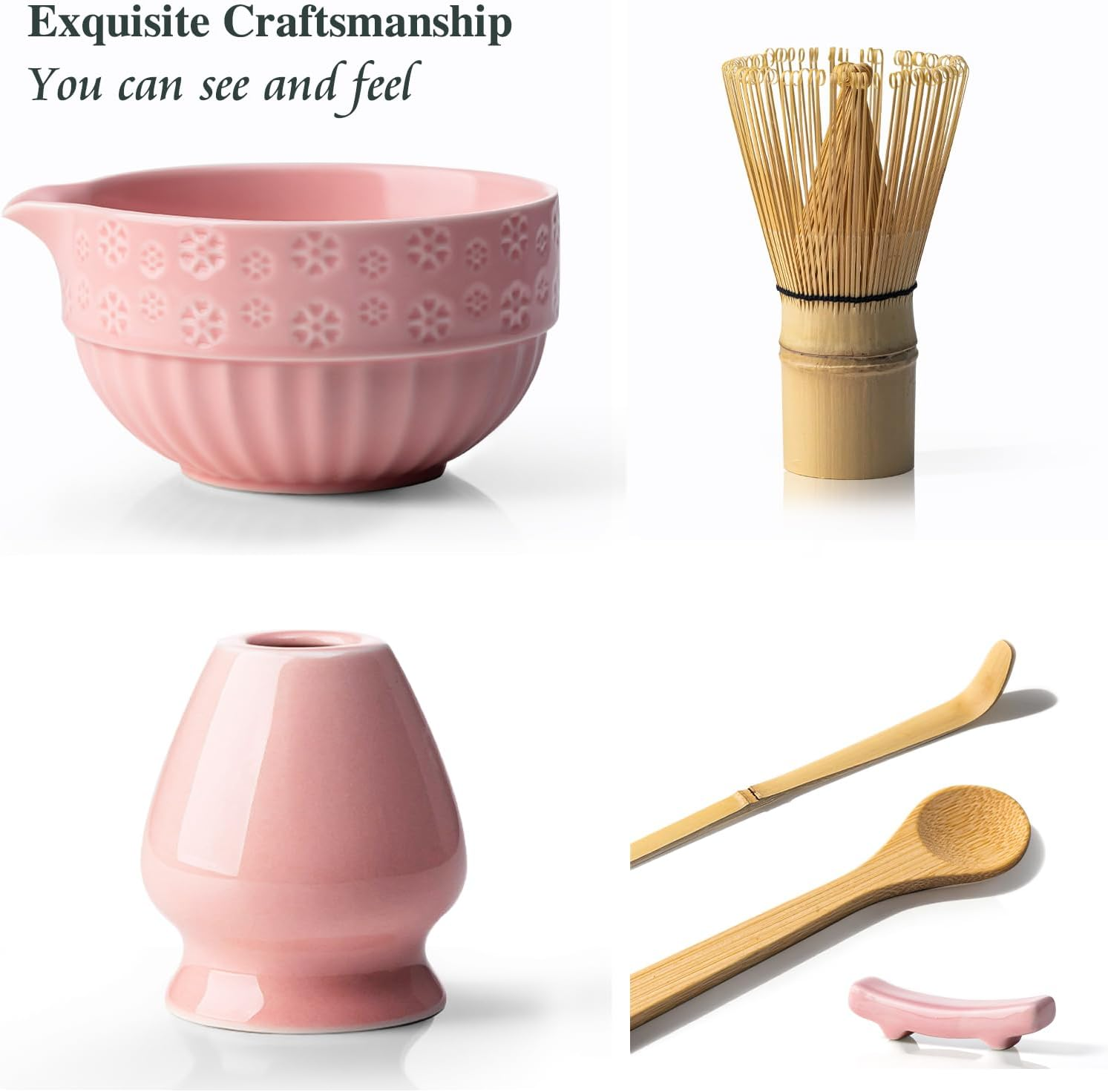 Matcha Tea Set &ndash; 8 Pcs Japanese Matcha Ceremony Kit with Matcha Bowl with Spout, Whisk (Chasen), Scoop (Chashaku),Spoon, Sifter, Tea Cloth (Chakin), Chasen Holder, Ceramic Stand for Scoop - Blush Sakura image number 6