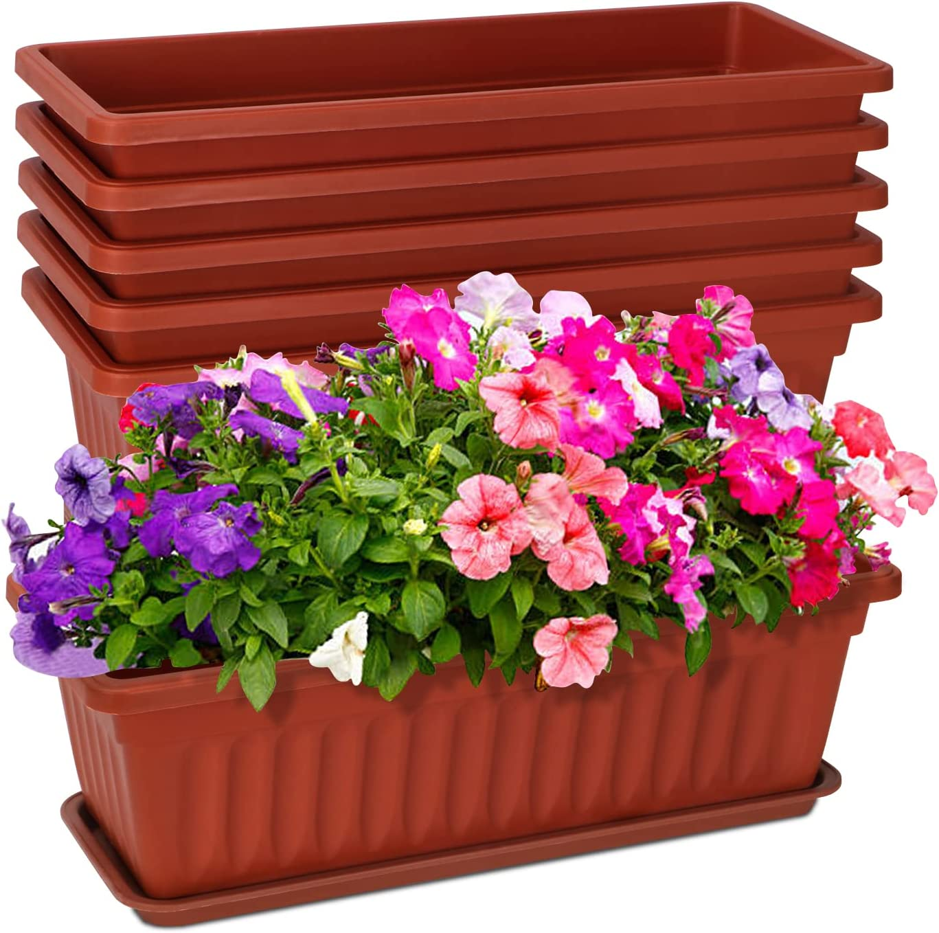 6 Packs Window Box Planter, 17 Inches Flower Window Box Rectangular Plastic Vegetable Planters with Trays for Windowsill, Patio, Garden, Balcony, Brick Red image number 6