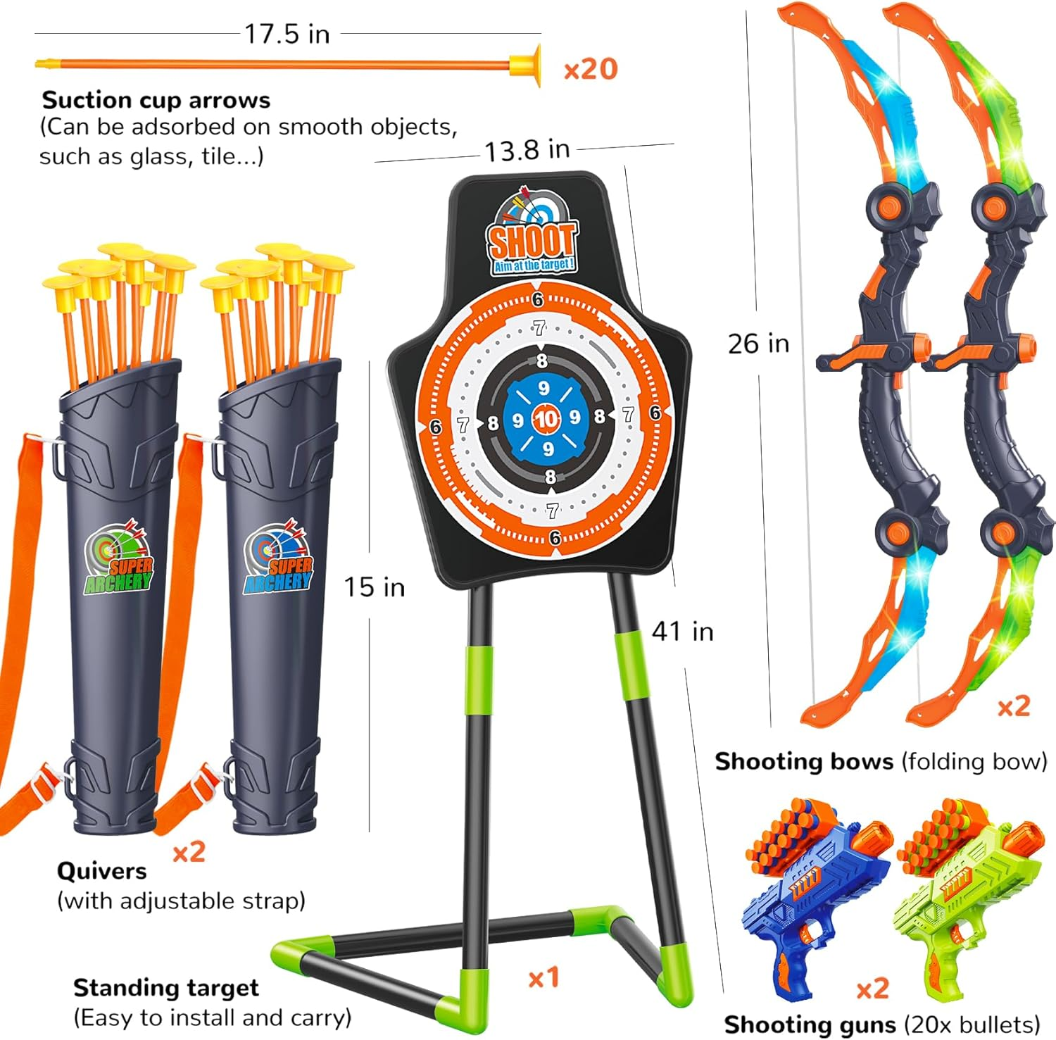GMAOPHY 2 Pack Bow and Arrow for 5 6 7 8 9 10 11+ Year Old Boys, Birthday Kids, Indoor Outdoor Activity Toys, LED Light up Archery Toy with 20 Suction Cup Arrows, Standing Target & 2 Quiver image number 4