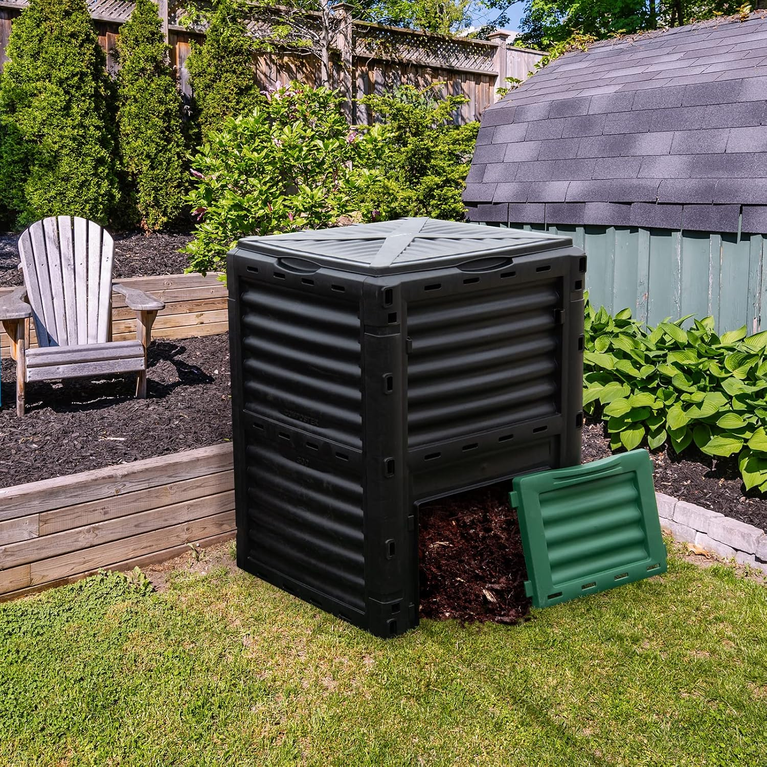 Costway Outdoor Compost Bin 300L for Kitchen Waste & Garden Scraps, Fast Creation of Fertile Soil Aerating Box W/Top Flip Door & Latch-On Lid, Bpa-Free & All-Season Garden Composter (Black + Green) image number 1