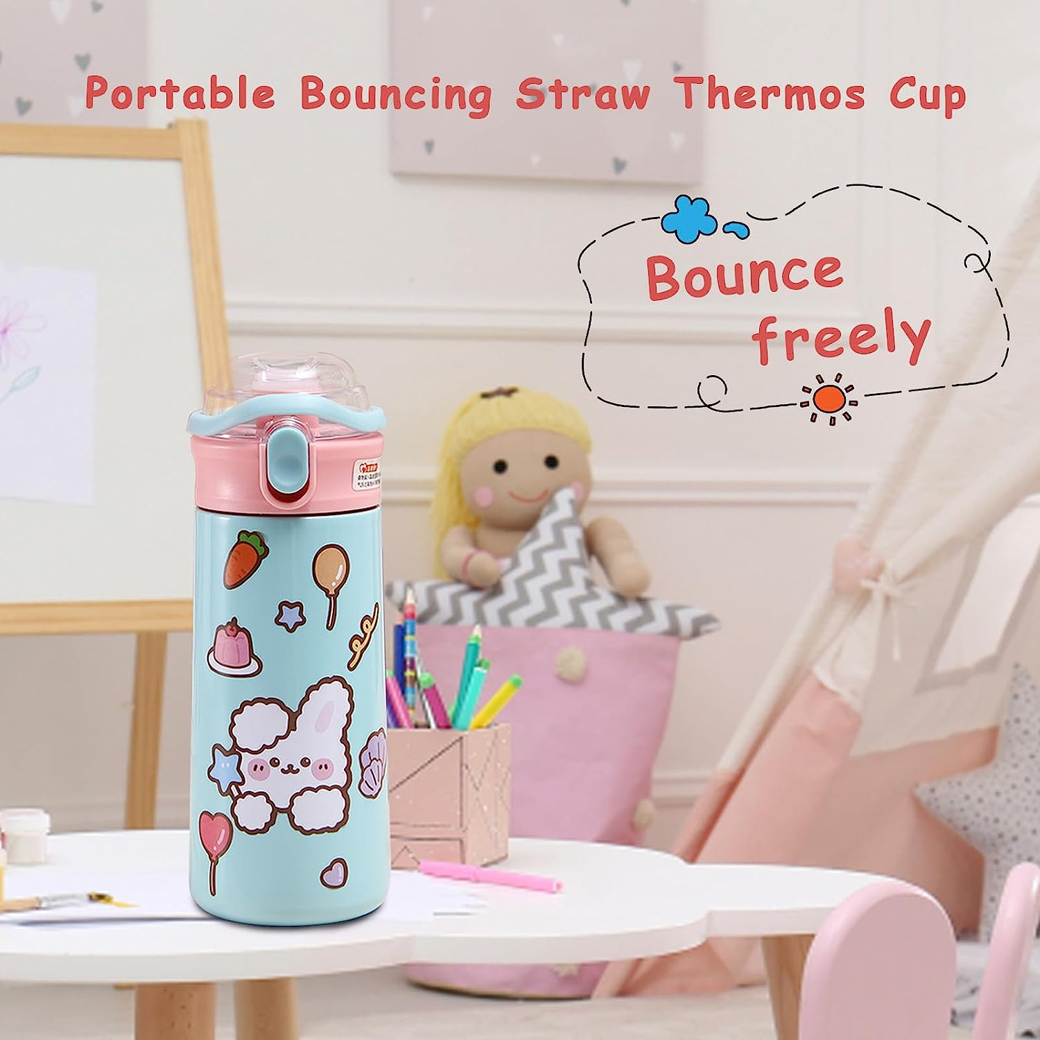 500Ml Kids Water Bottle with One-Click-Open Straw Lid 17Oz, Vacuum Insulated 304 Stainless Steel Water Bottles for School, Leakproof Toddler Water Bottle, BPA Free Sweat & Leak-Proof image number 5