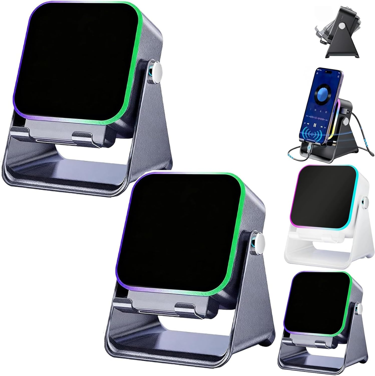 Willedup 5-In-1 Wireless Induction Bluetooth Speaker, with Adjustable Phone Stand, 360&deg; Adjustable Holder, RGB Ambient Light Fast Connect (White)