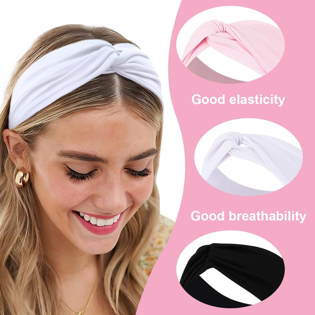 WUSJCOF Pack of 3 Elastic Headbands, Summer Cotton Cross Headband, Wide Headband, Knot Sports Headwrap, Yoga Headband, Hair Accessories for Women Girls (Black, White, Pink) image number 3