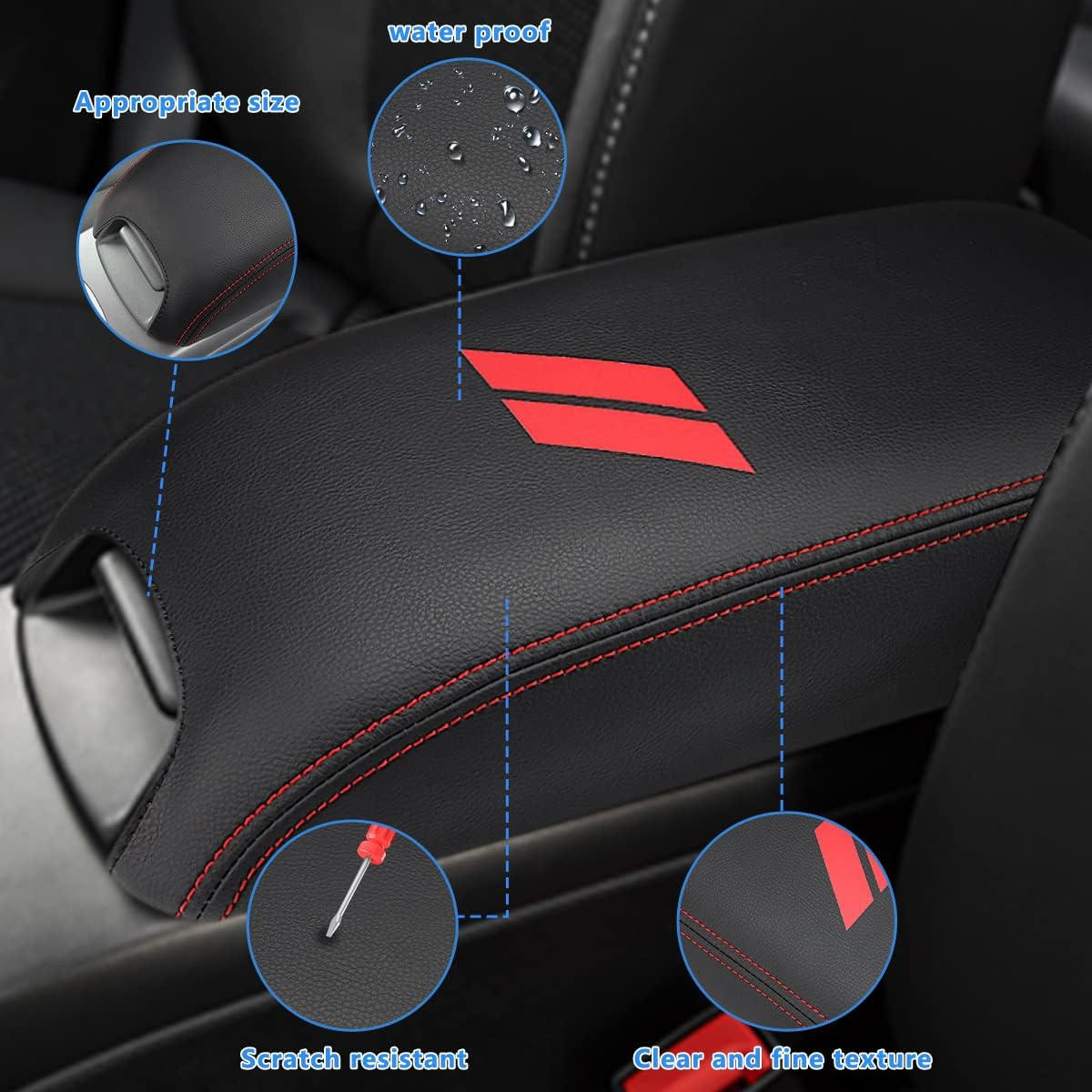 INTGET Center Console Cover for Dodge Journey 2011-2020 Middle Amrest Cover (Black Leather Red Stitches with Pattern) - Black Leather Red Stitches With Pattern image number 2