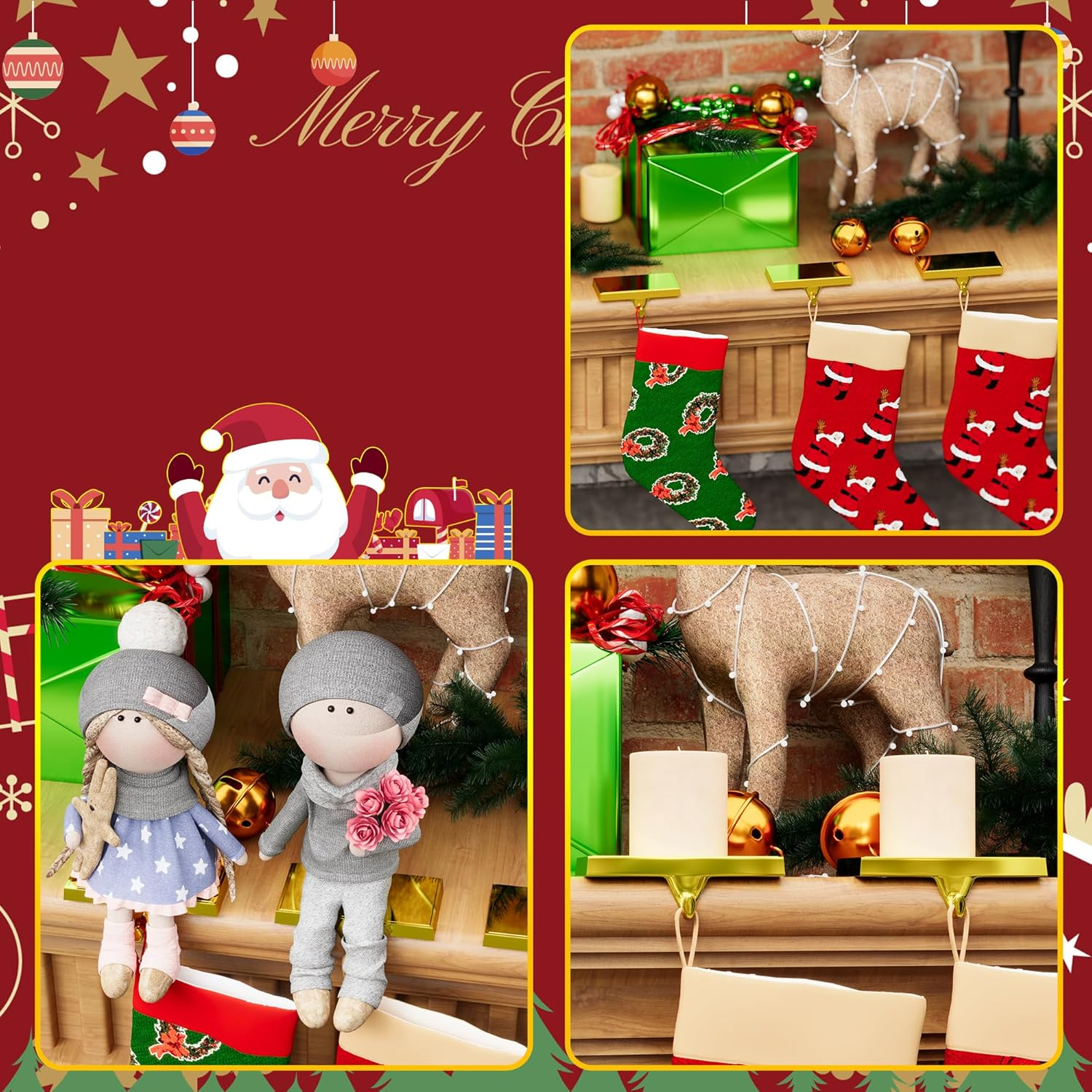 Set of 6 Christmas Stocking Holders for Mantle Christmas Stocking Hanging Hooks Weighted Stocking Holder Bases for Holiday Xmas Fireplace Window Home Table Decor (Gold) image number 1