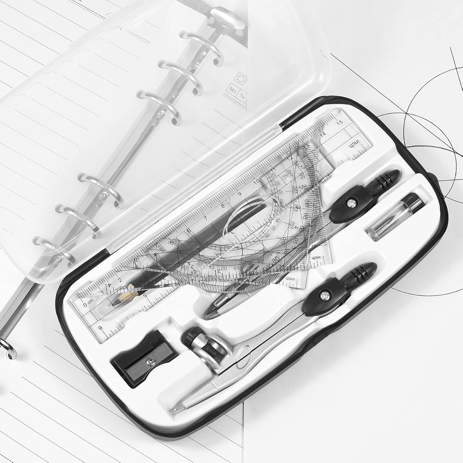 Math Geometry Kit Sets 10 Piece Student Supplies with Shatterproof Storage Box,Includes Rulers,Protractor,Compass,Eraser,Pencil Sharpener,Lead Refills,Pencil,For Drafting and Drawings（Black） - Black image number 3