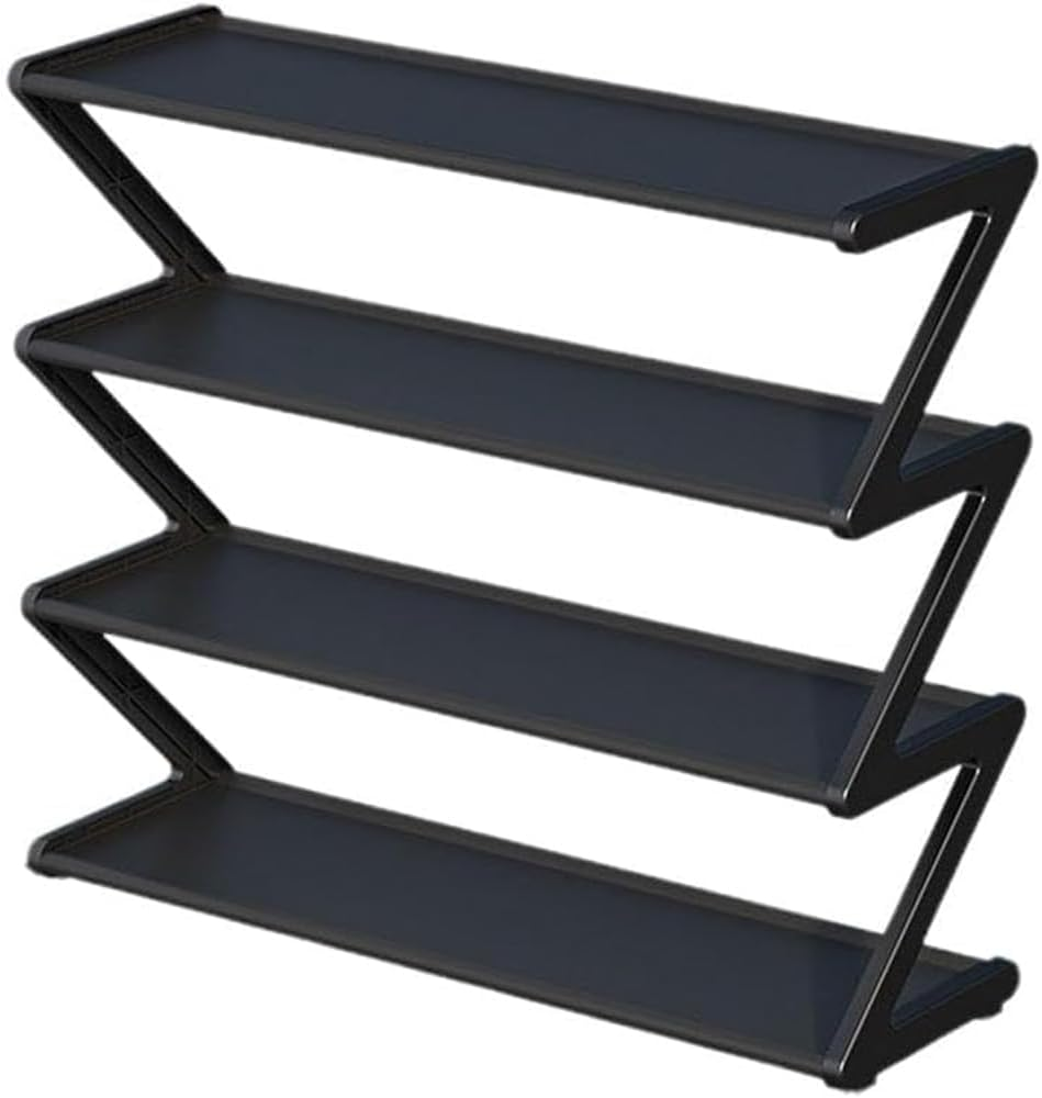 4-Tier Shoe Rack, Stainless Steel Shoe Storage Organizer, Stackable Shoe Tower Free Standing Shoe Shelf for Closet Entryway Balcony Living Room Bedroom (Black)