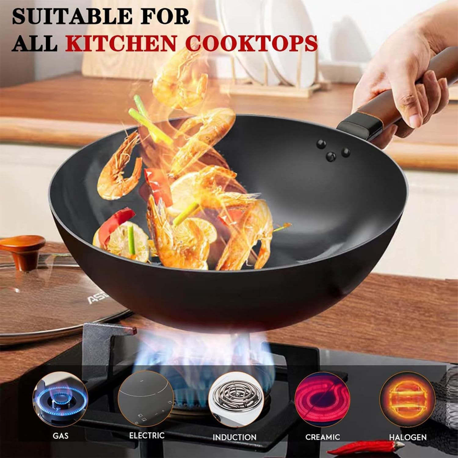 Lyeef Nonstick Wok, 13-Inch Carbon Steel Wok Pan with Lid Woks & Stir-Fry Pans No Chemical Coated Wok with Spatula Flat Bottom Cookware Chinese Wok for Induction, Electric, Gas, Halogen, All Stoves image number 6