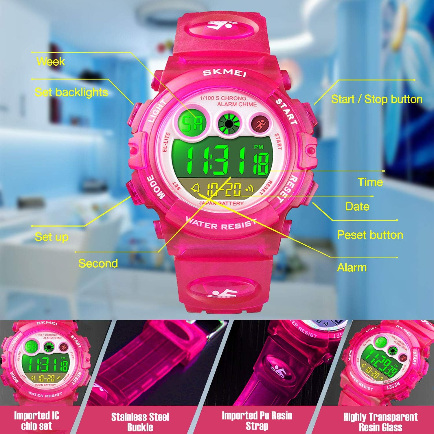 Kids Digital Sport Watch for Boys Girls, Kid Waterproof Electronic Multi Function Casual Outdoor Watches, 7 Colorful LED Luminous Alarm Stopwatch Wristwatch - Blue image number 3