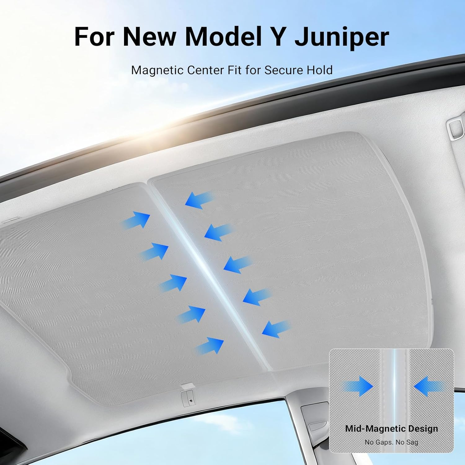 2025 Tesla Model Y Juniper Sunshade Roof &ndash; Foldable Glass Roof Shade [No Sag, No Gaps], Heat-Resistant Layer, Magnetic Fit, 2-Piece Set Gray Interior Accessories for New Model Y image number 3