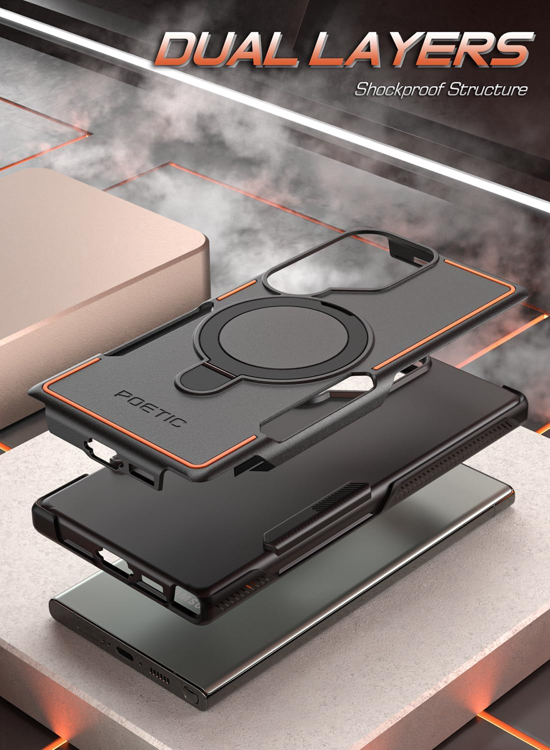 Poetic Neon Magpro Case Designed for Samsung Galaxy S23 Ultra / S22 Ultra 5G 6.8 Inch,[Compatible with Magsafe] Dual Layer Heavy Duty Rugged Shockproof Protective, Magnetic Ring Stand, Black - Light Pink image number 6