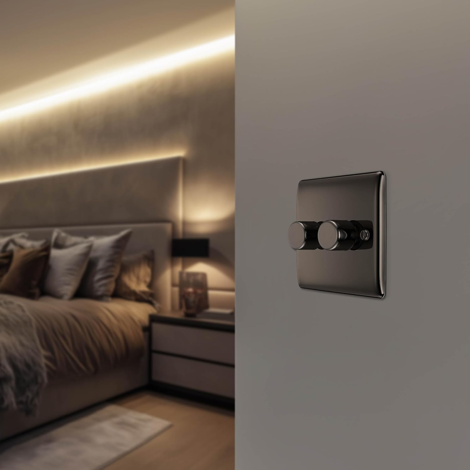 BG Electrical Intelligent Double Wall Dimmer Switch, 2 Way, Raised Profile, round Edges, Nexus Metal, Black Nickel, 200W, NBN82