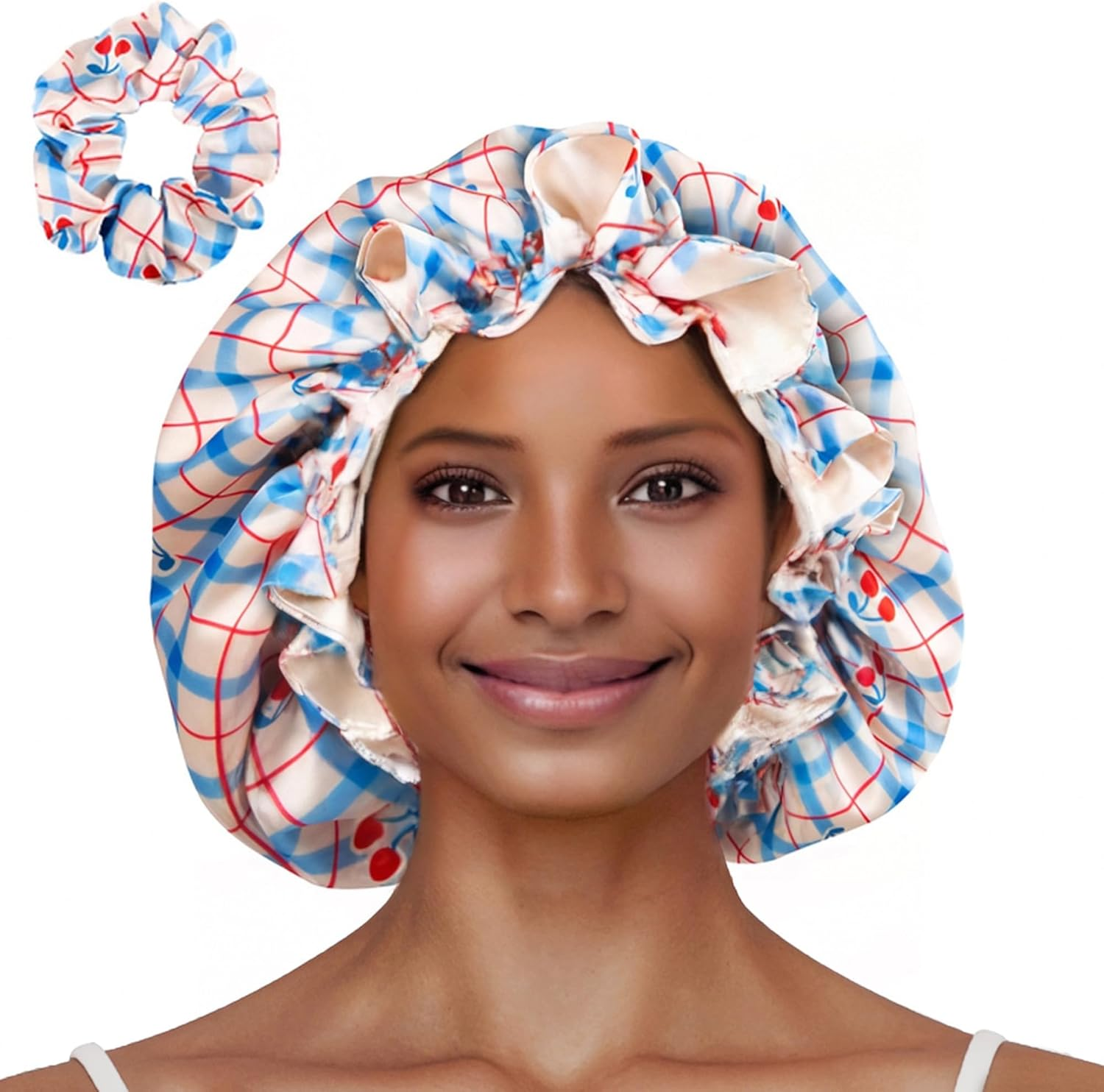 Vettres Floral Satin Bonnet with Scrunchie Set,Double Layer Ruffle Reusable Sleeping Shower Cap for Curly Hair Yellow-Strawberries