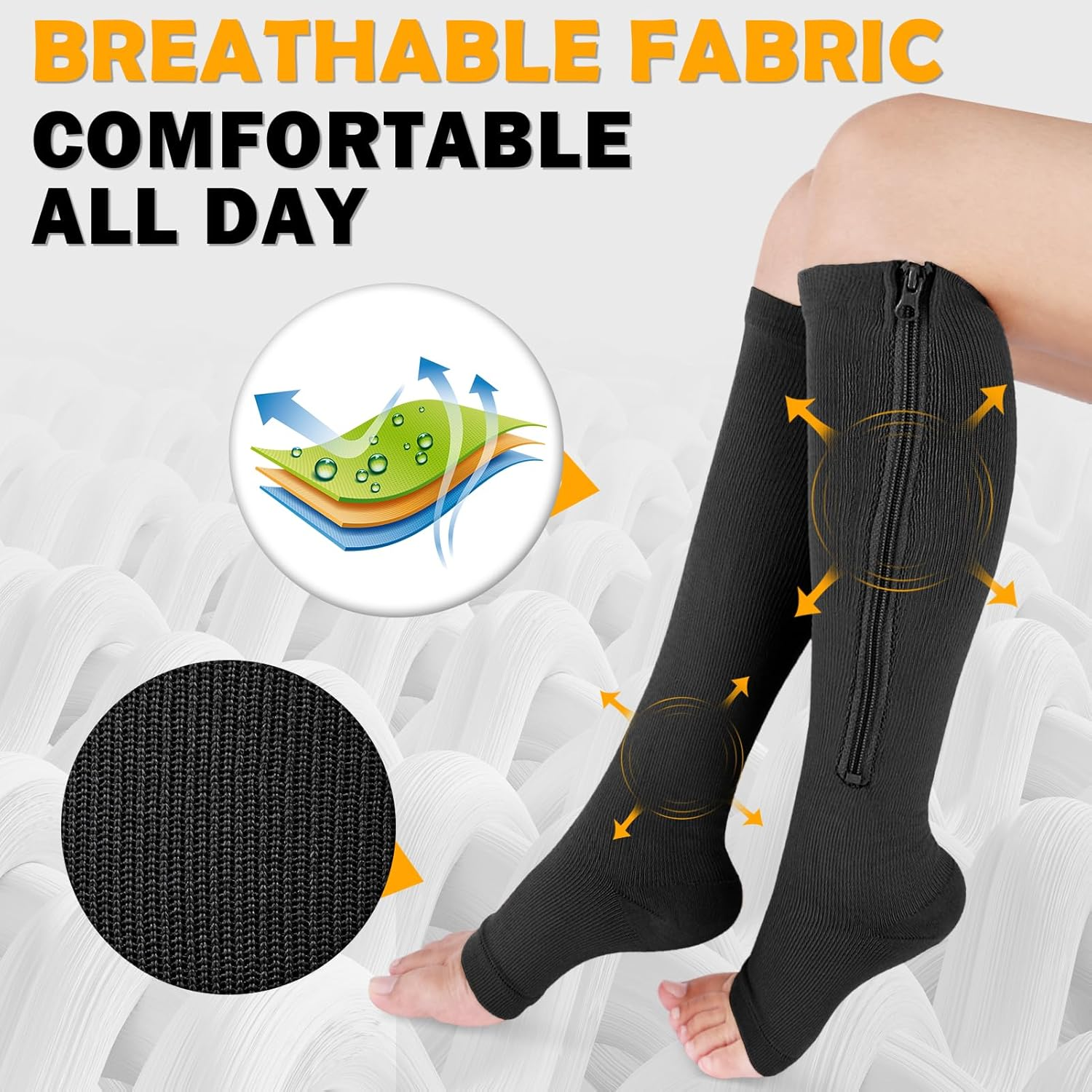 CASMON 2 Pairs Zipper Compression Socks for Women & Men, 15-20 Mmhg Open Toe Knee High Support Socks for Varicose Vein Edema