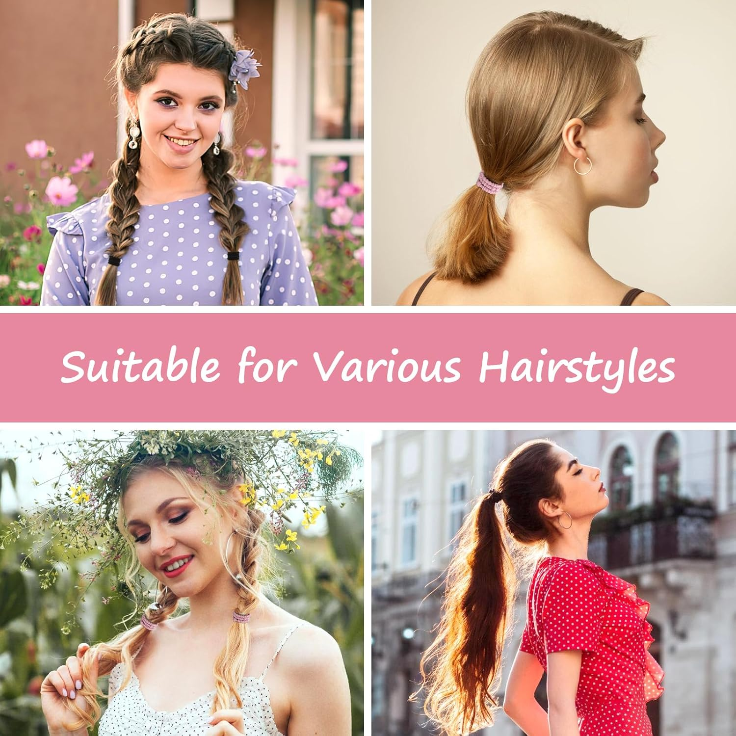 Boho Hair Ties, 20 PCS of 4 Styles Cute Hair Bands for Thick or Thin Hair, No Damage, Pink Elastic Hair Accessories for Girls and Women
