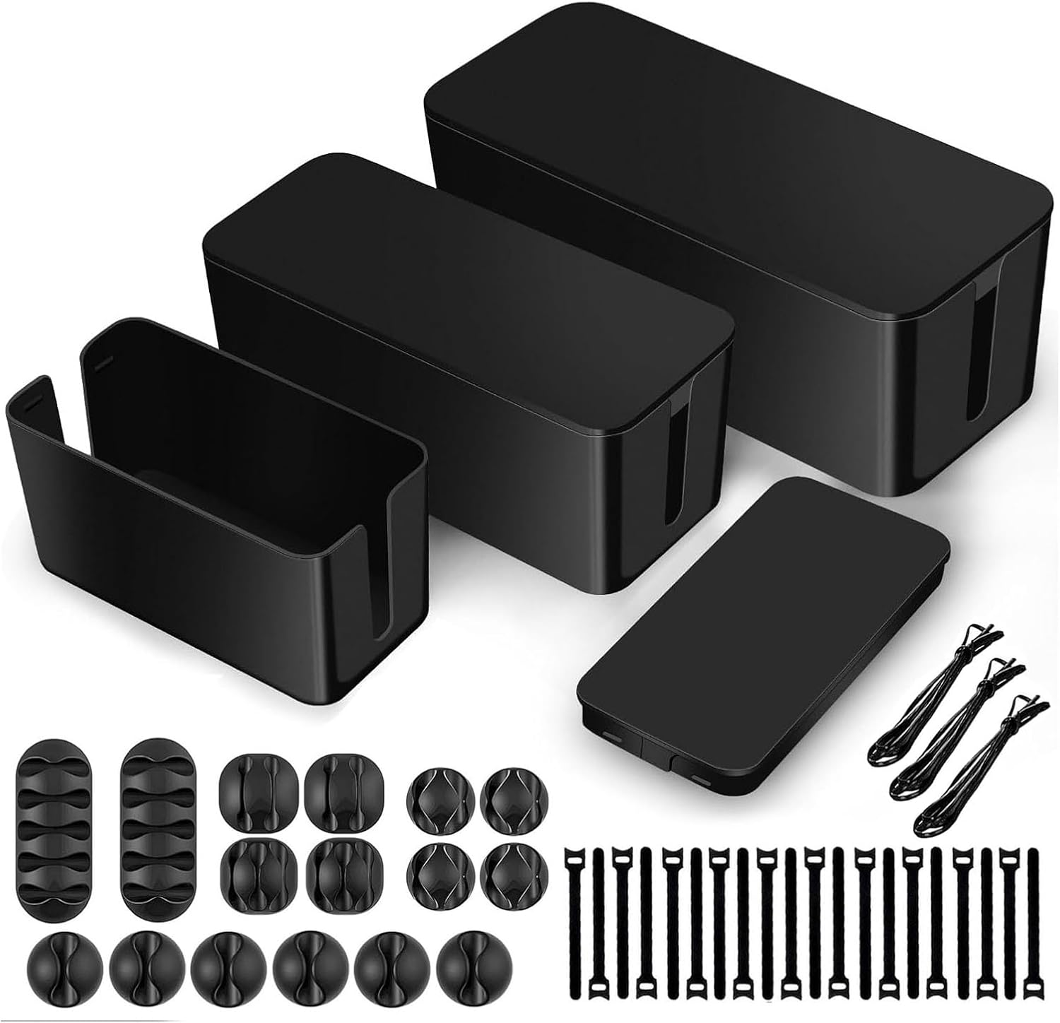 3PCS Cable Management Boxes Organizer, Cord Organiser Box System to Cover and Hide & Power Strips & Cords,Large Storage Wires Keeper Holder for Desk, TV, Computer,Usb Hub (White)