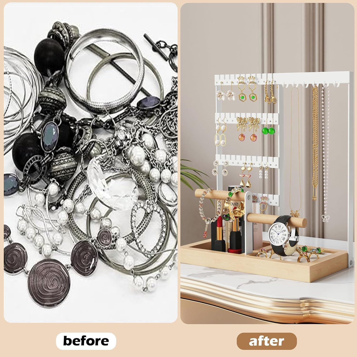 Paifeancodill Jewellery Stand Earring Stand Holder Jewelry Display Stands Necklace Holder Jewellery Holder with Storage Tray and Holes Wooden Jewellery Organiser Fornecklaceearringkeywatch (Gold) image number 4