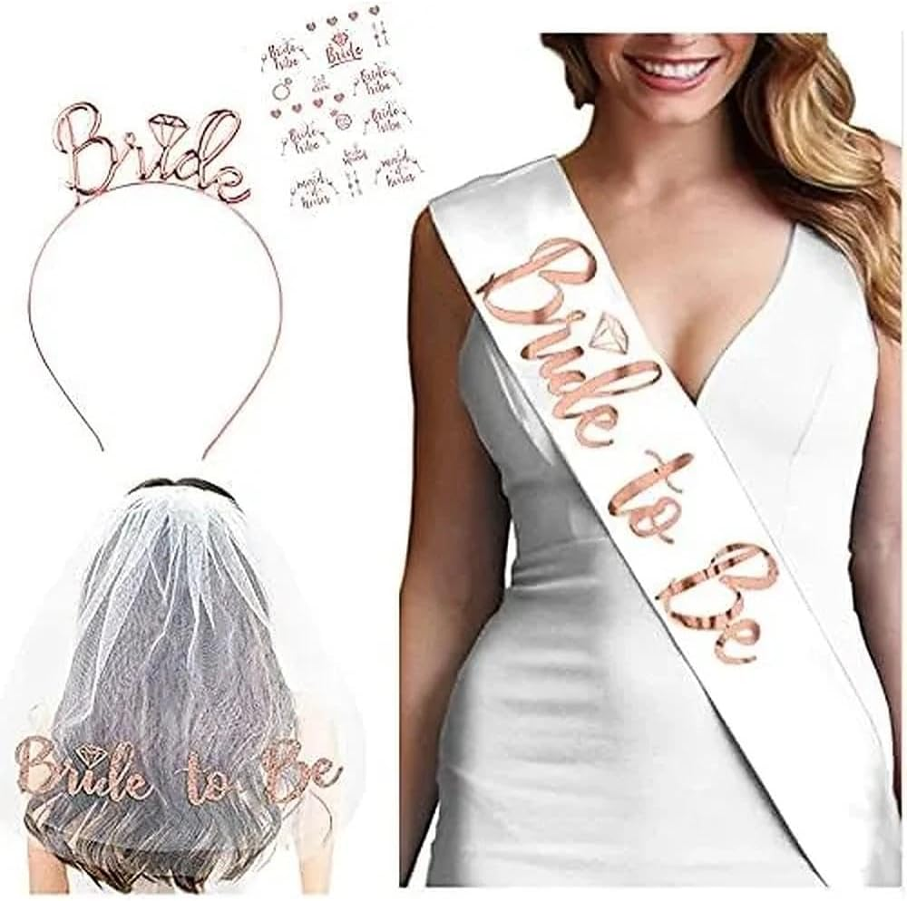 Hens Party Decorations & Bridal Shower Decorations Set, Bride to Be Accessories with Wedding Sash, Rose Gold 3D Bride Headband, Classic Veil, Temporary Tattoo - Ermaoo image number 3