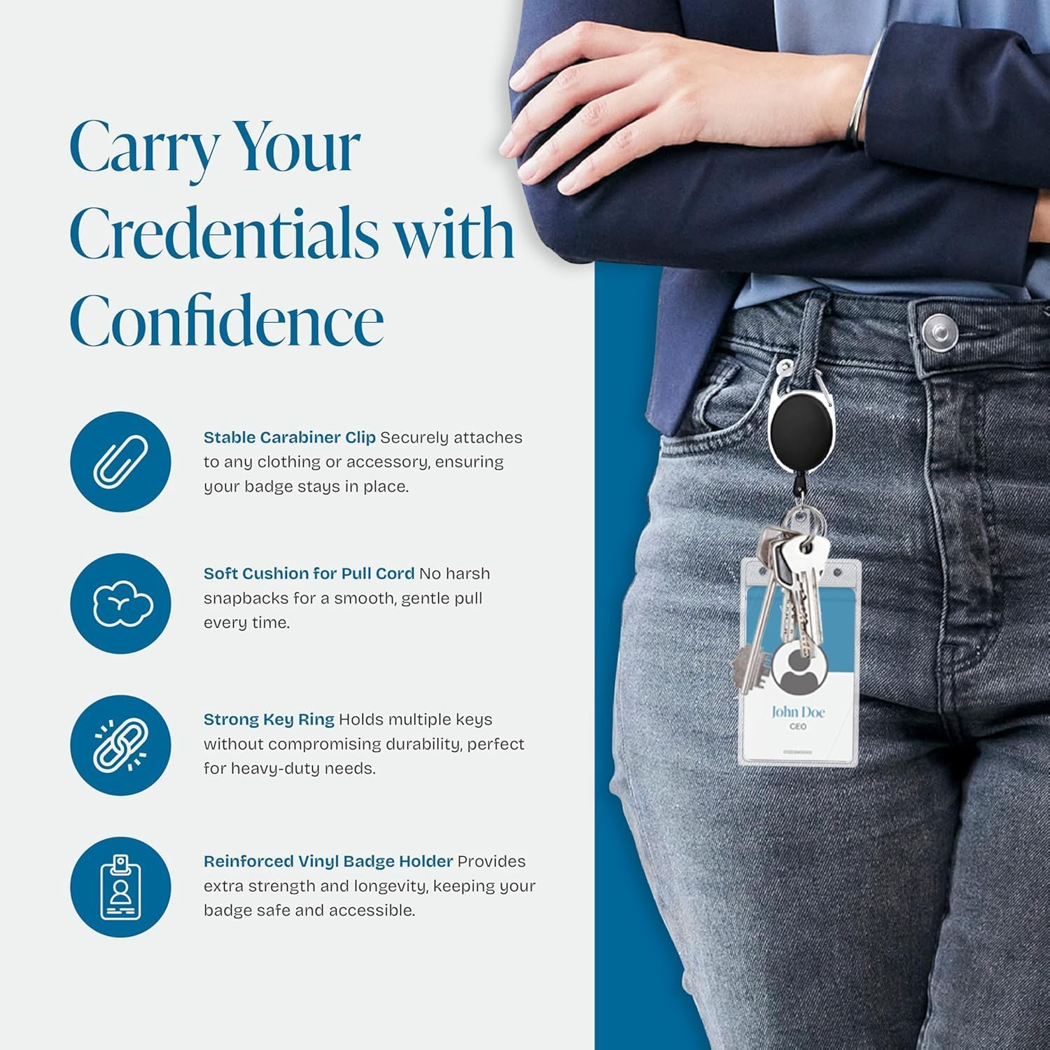 ID Badge Holders with Clip and Keyring - Vertical Clear Plastic 6.4CM X 9.1CM Sleeves Fit up to 3 Cards - Retractable 60CM UHMWPE Fiber Pull Cords for Easy Access (Black, 2 Pcs (Vertical))