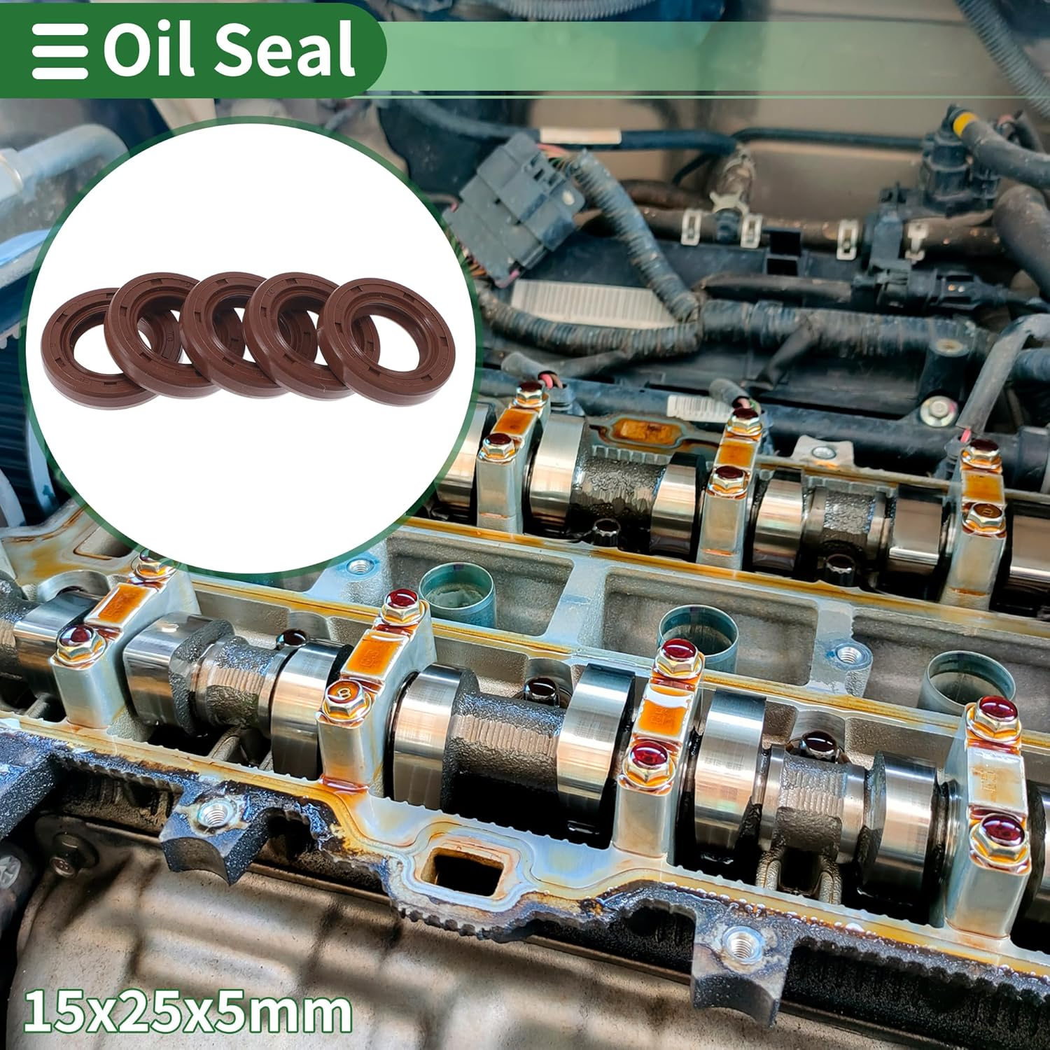 X AUTOHAUX Universal Oil Seal TC Double Lip W Steel Spring Seal Ring Rotary Shaft Seal 15X25X5Mm High Pressure FKM Rubber Brown 5 Pcs