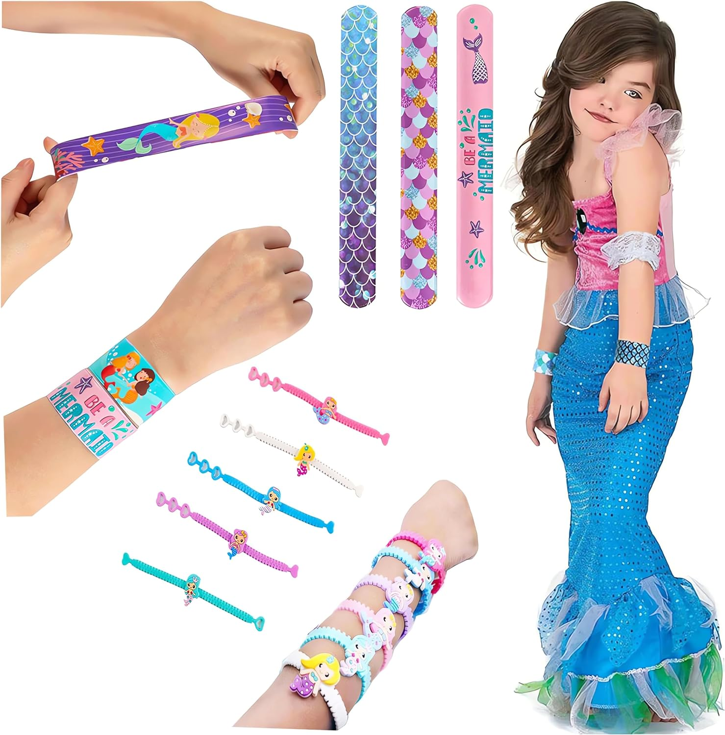 74Pcs Mermaid Party Favors Kit, Party Gifts for Children Birthday, Mermaid Slap Bracelets Necklace Bags Rings Hair Clips Etc - for Girls Party Birthday Return Gift Prizes Box image number 4