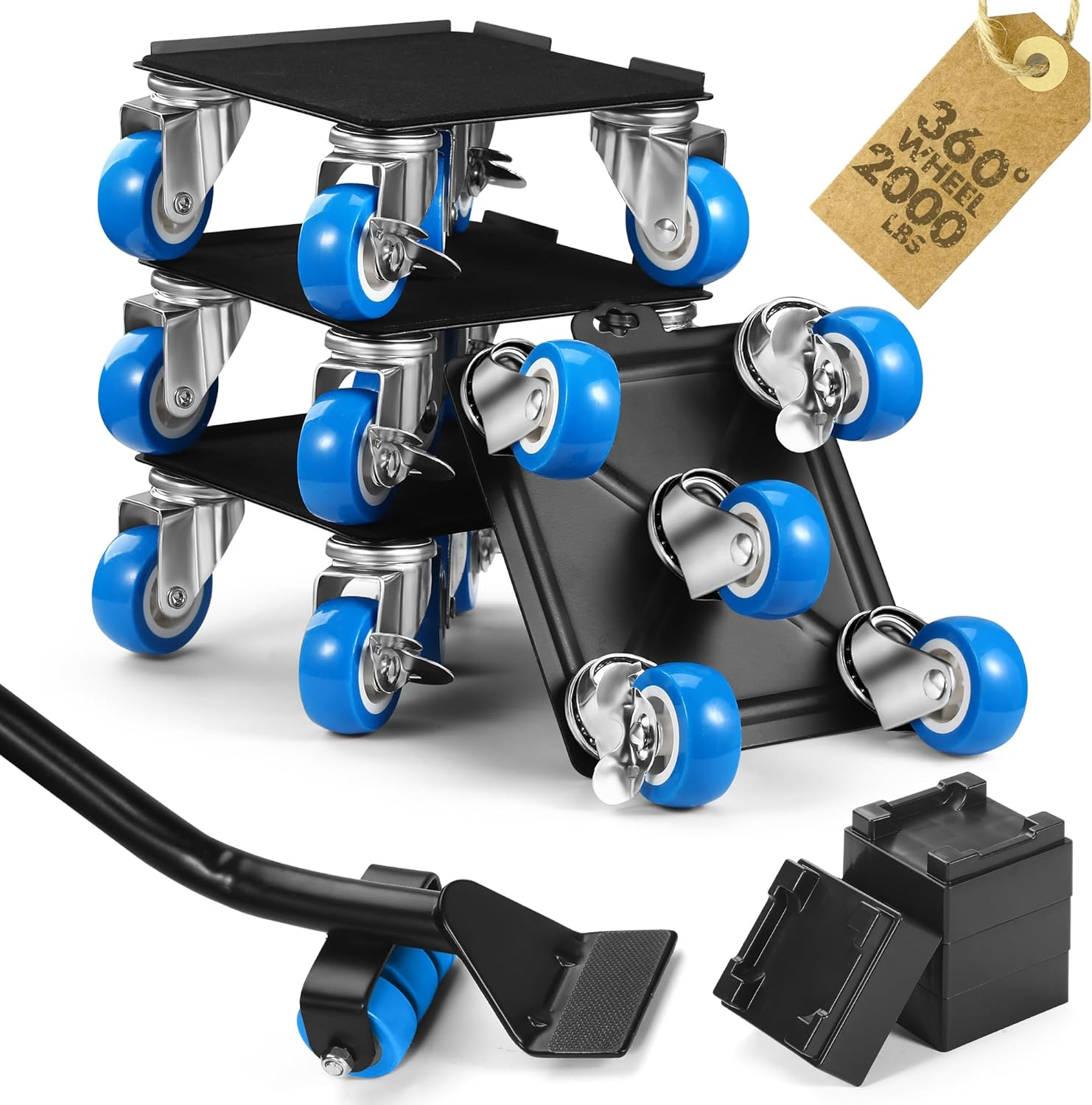 Heavy Duty Furniture Moving Tool Set, Supports up to 500 KG, 5 Wheel Metal Furniture Dolly, Appliance Sliders with Wheels, Furniture Lifter Tool (Blue, 16 CM *16 CM) image number 1