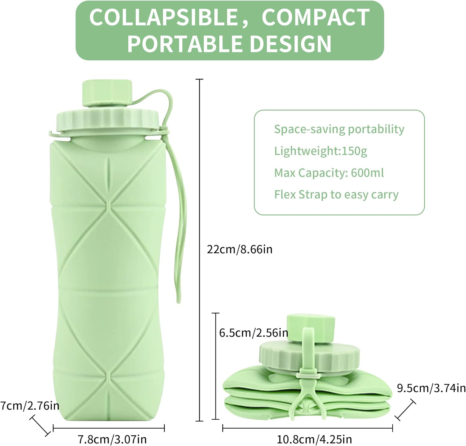 Collapsible Water Bottle 20.3 Oz, Leak Proof Lid Reusable, Bpa-Free Silicone Collapsible Travel Water Bottle for Hiking, Outdoor Sports, Gym, Camping image number 3