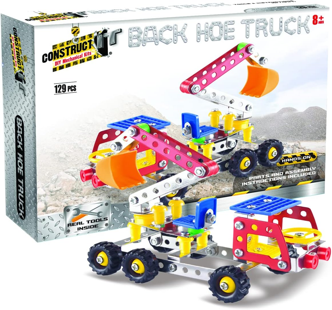 Construct IT Hoe Truck &ndash; 129-Piece STEM Metal Build Set &ndash; Build Your Own Digger Model with Kid-Friendly Tools &ndash; Educational Engineering Toy for Kids Ages 8&ndash;12