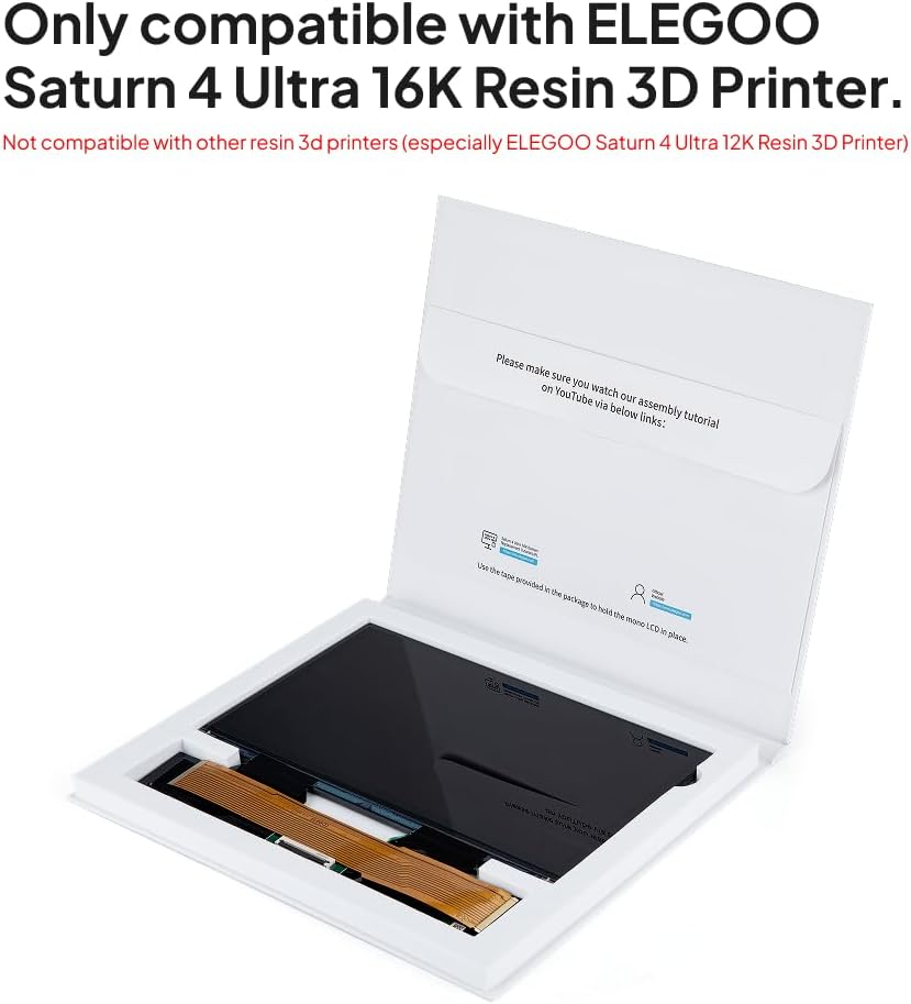 ELEGOO 10-Inch 16K Mono LCD for 16K Saturn 4 Ultra Resin 3D Printer, with 9H Tempered Glass Protector, Rapid Light Curing, Resolution of 15120&times;6230 and XY Precision of 14&times;19&Mu;m, up to 2000Hrs Lifespan