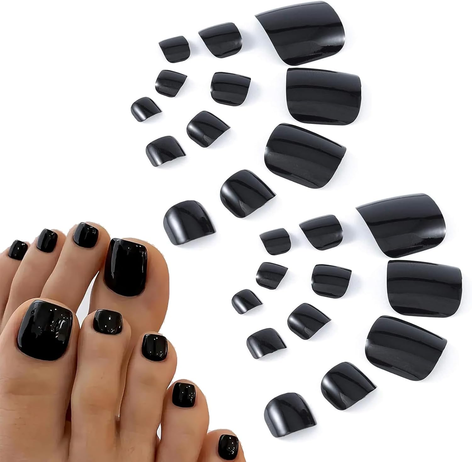 Press-On Toenails for Women-Short Square Glossy French Fake Toenails Pure Acrylic Full Cover Summer Nude Pink 24 Pcs in 12 Sizes with Gel Reusable Glue-On Toenails