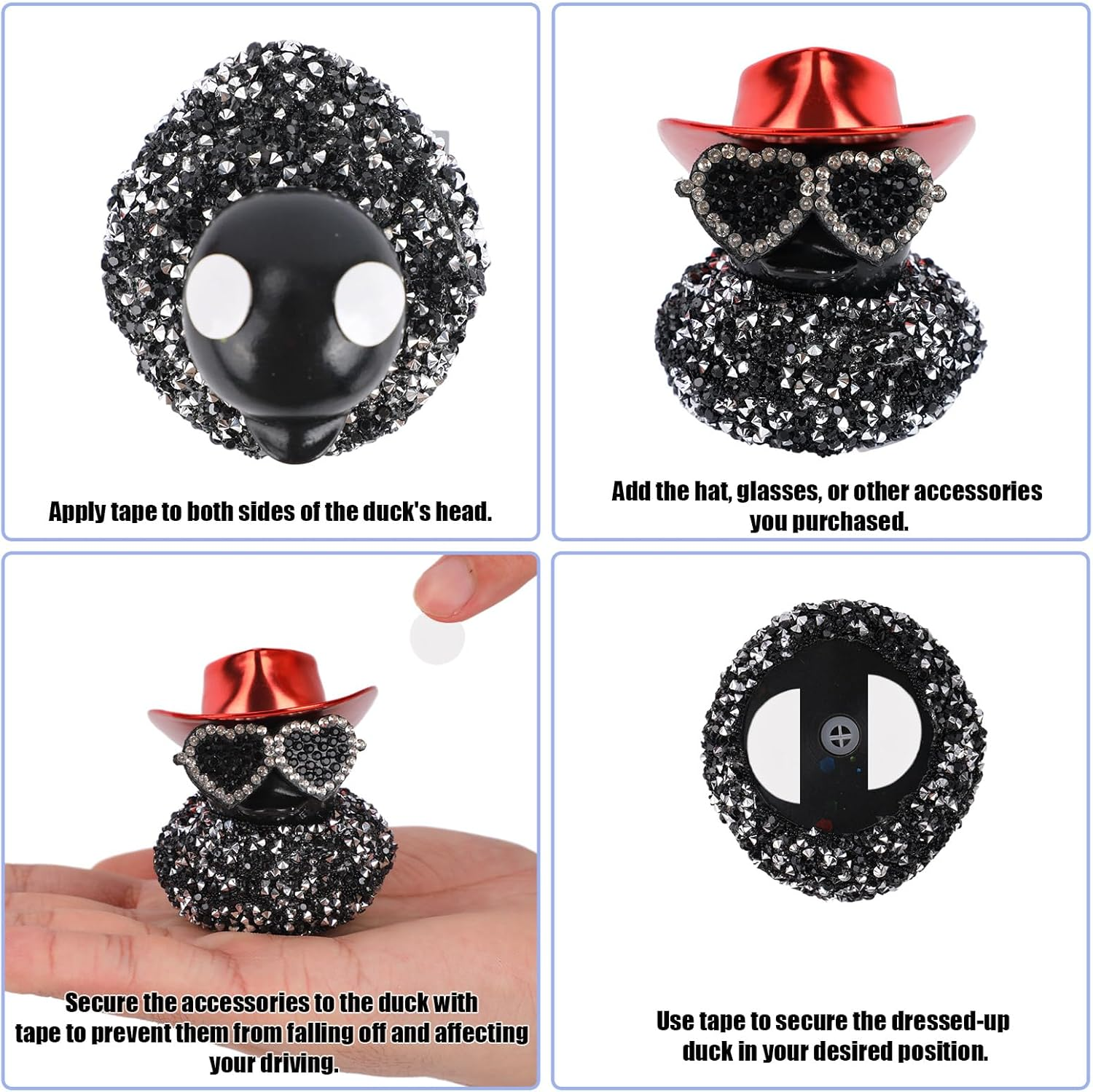 Car Ducks for Dashboard, Black Diamond Duck Decoration Cute Car Rubber Duck Ornament Accessories with Glasses Hat for Dashboard Refrigerator Decoration image number 6