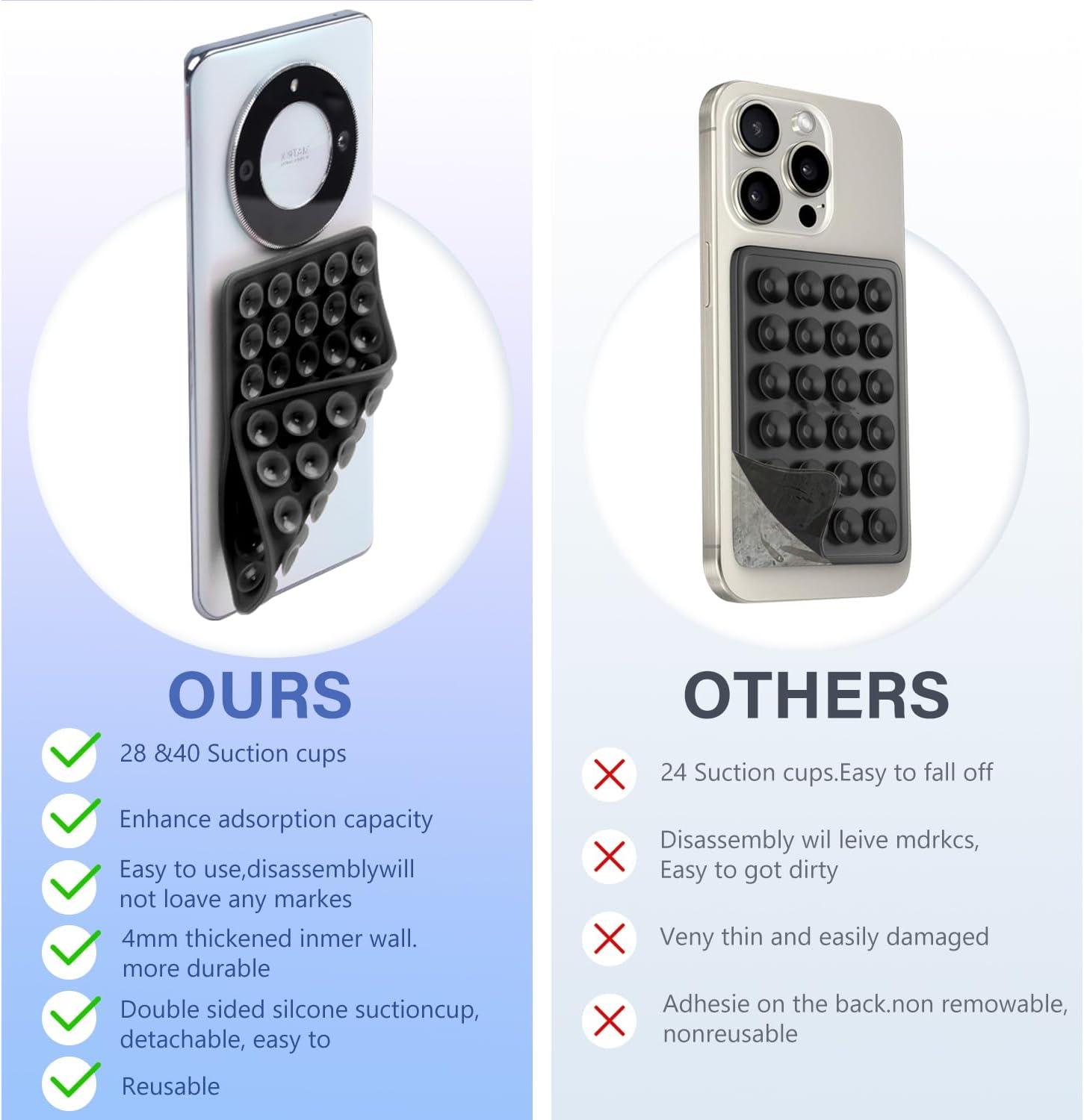 EKIND 2PCS Silicone Suction Cup Phone Holder, Silicon Adhesive Phone Grip,28 & 40 Double-Sided Sticky Grip, Hands-Free Stand for Mirror, Window, Desk for Selfies, Video Calls(Black) image number 4