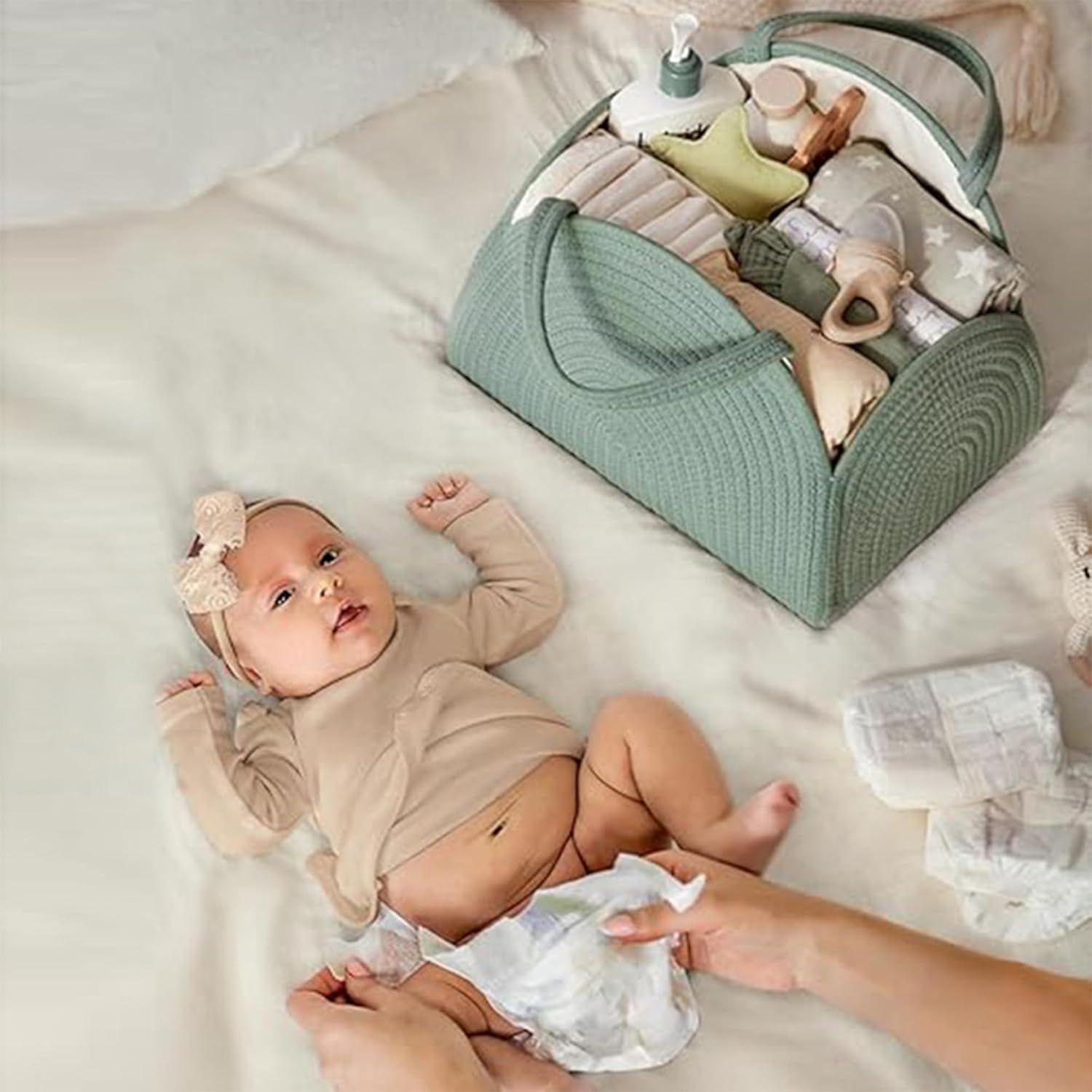 YUEMING Nappy Caddy, Baby Nappy Caddy Organiser, Cotton Rope Newborn Essentials Diaper Caddy with Dividers, Portable Baby Caddy Storage Basket, Nappy Caddy Organiser Baby (Green) image number 5