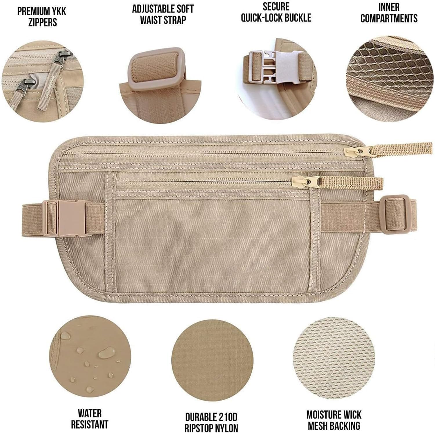 Tzylomirx Money Belt, Bum Bag for Men and Women, Adjustable Strap for Workout, Running, Travelling, Hiking (Khaki) image number 2