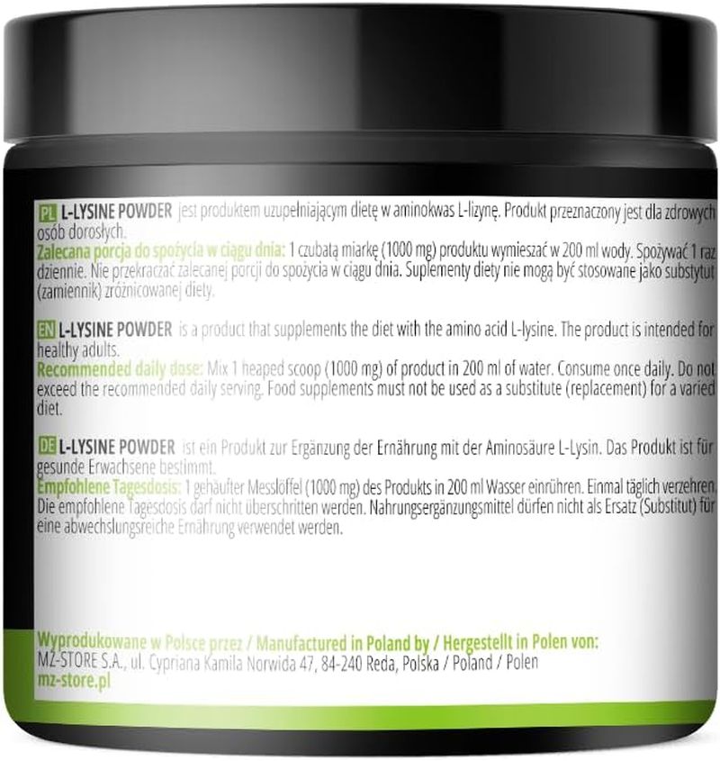 L-Lysine Powder 250G - Pure L-Lysine HCI 1000 Mg per Serving - 250 Servings per Pack - Amino Acid Supplement - Vegan and without Additives - by MZ image number 1