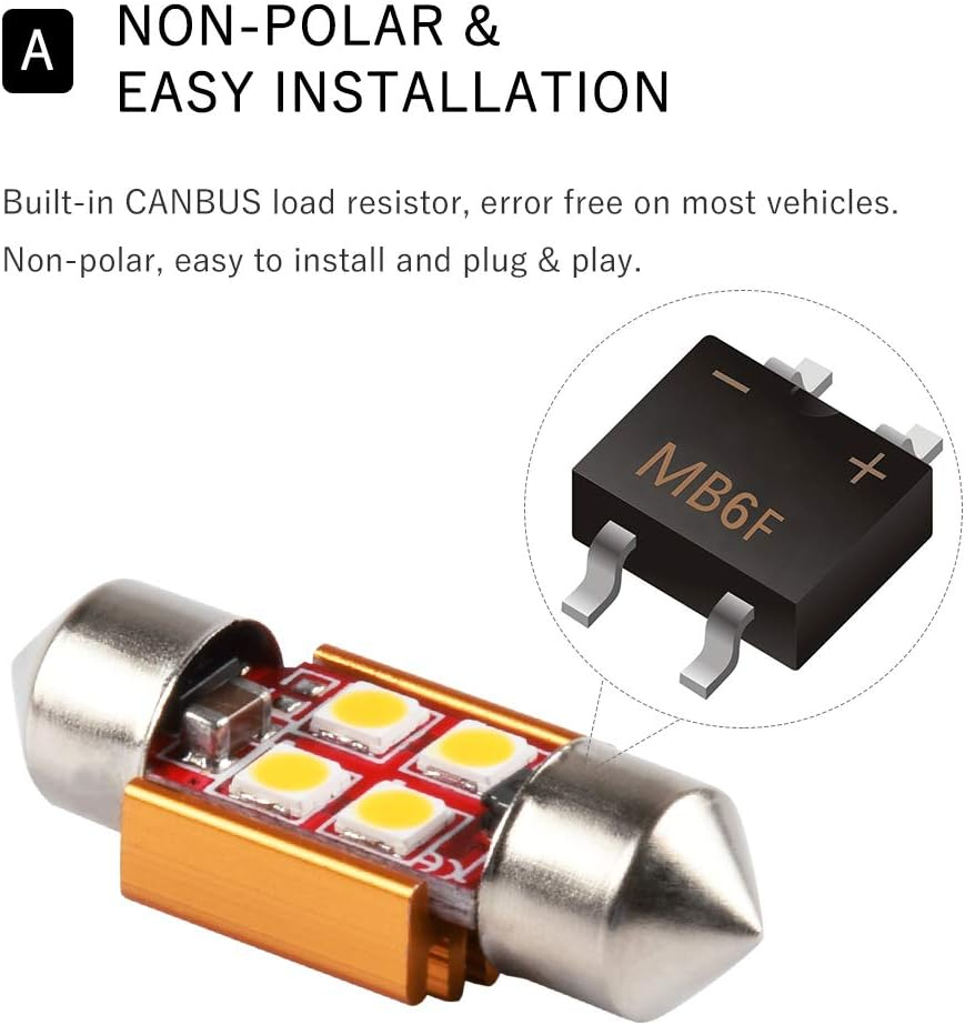 31Mm DE3175 DE3021 DE3022 LED Bulb Dome Light Warm White 3030 SMD for Cars Map License Plate Trunk Side Marker Interior Lights Bulbs Lamps Replacement Bright 12V 2W 1 Year Warranty 1.22 In【1797】 image number 7