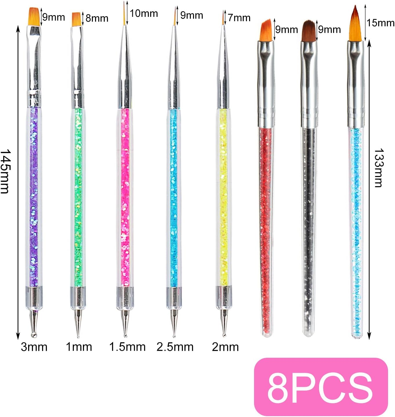 Icovalescent 8-Piece Nail Brush Set, Nail Design Brushes, Nail Art Dotting Tools, Dual-Ended Professional Acrylic Nail Art Pen for Making Nail Polish, Dotting, Fine Painting, DIY image number 2