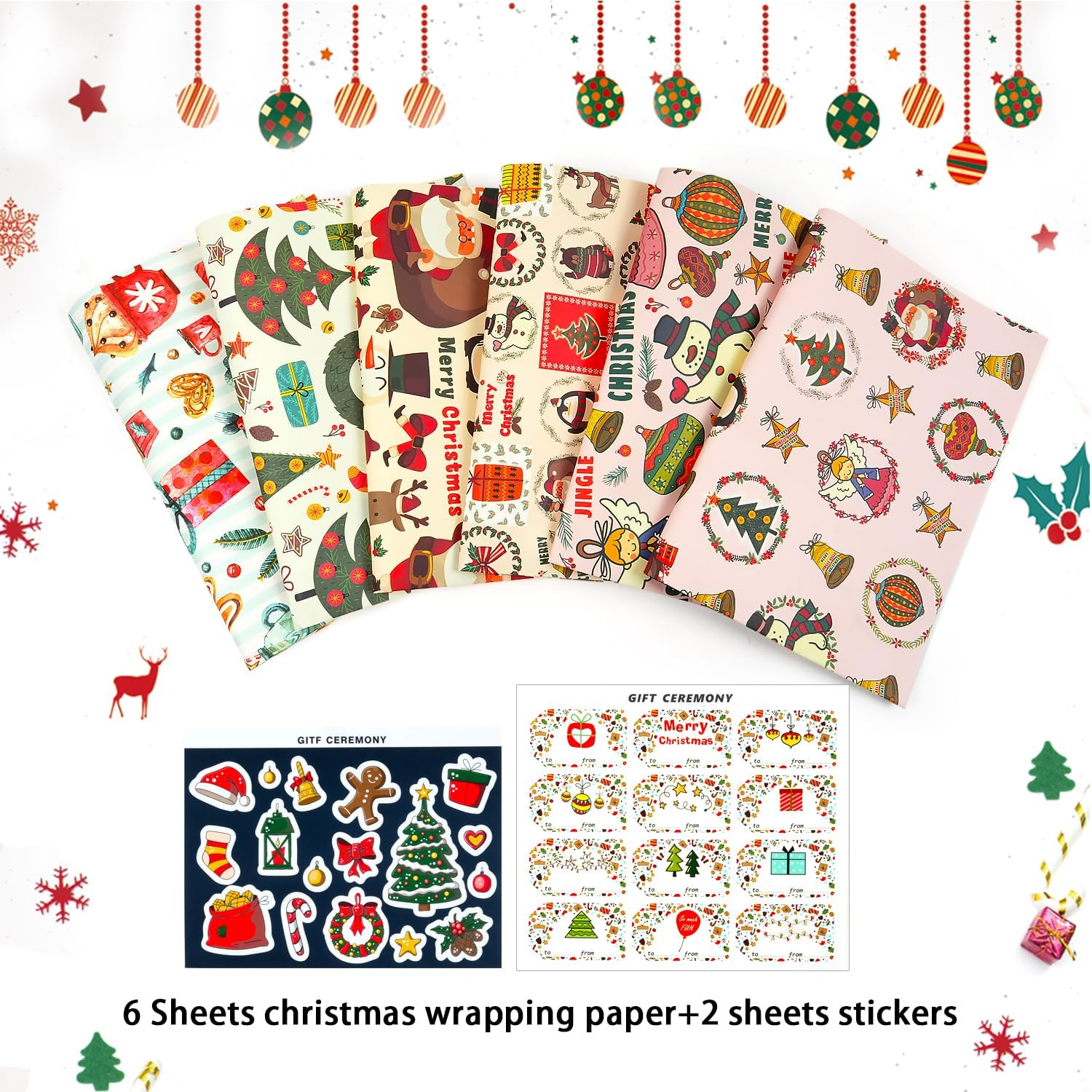 MAMUNU Christmas Wrapping Paper Sheets, Cute Pink Xmas Kraft Gift Wrapping Paper for Kids Girls Women, Assorted 6 Designs Classic Wrap Paper Set for Christmas New Year Holiday, 20 &times; 28 Inch - Brown And Red image number 7