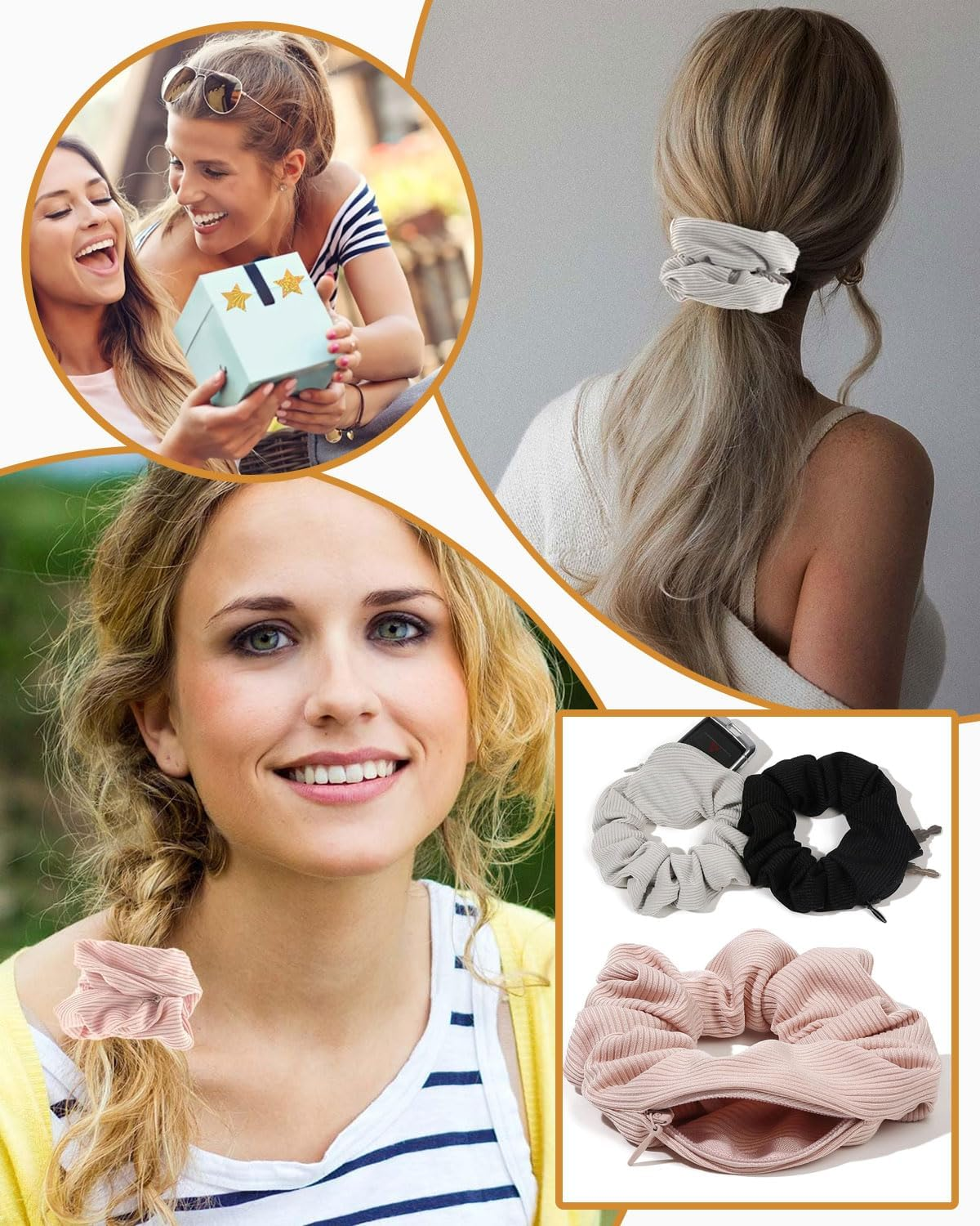 BPTRKOM Pack of 3 Hair Bobbles with Zip Pocket, Scrunchies Hair Rubber Bands Hair Bands Elastic Colourful Hair Accessories Hair Rope for Girls Women Ponytail image number 3