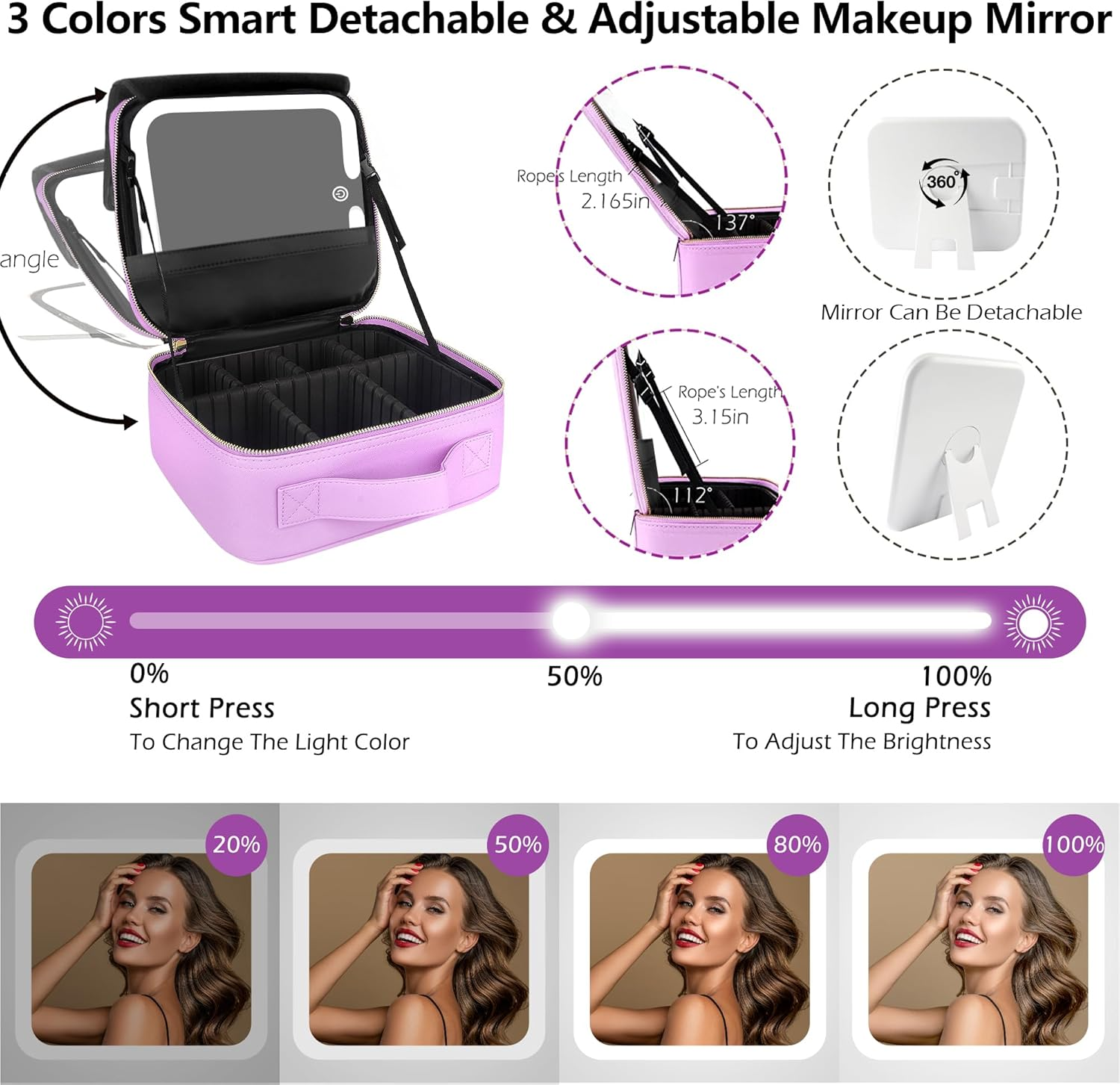 MOMIRA Travel Makeup Bag Cosmetic Bag with Illuminated Mirror, Adjustable Brightness in 3 Colour Scenarios, Gift for Women, Purple, Abnehmbarer Spiegel image number 5