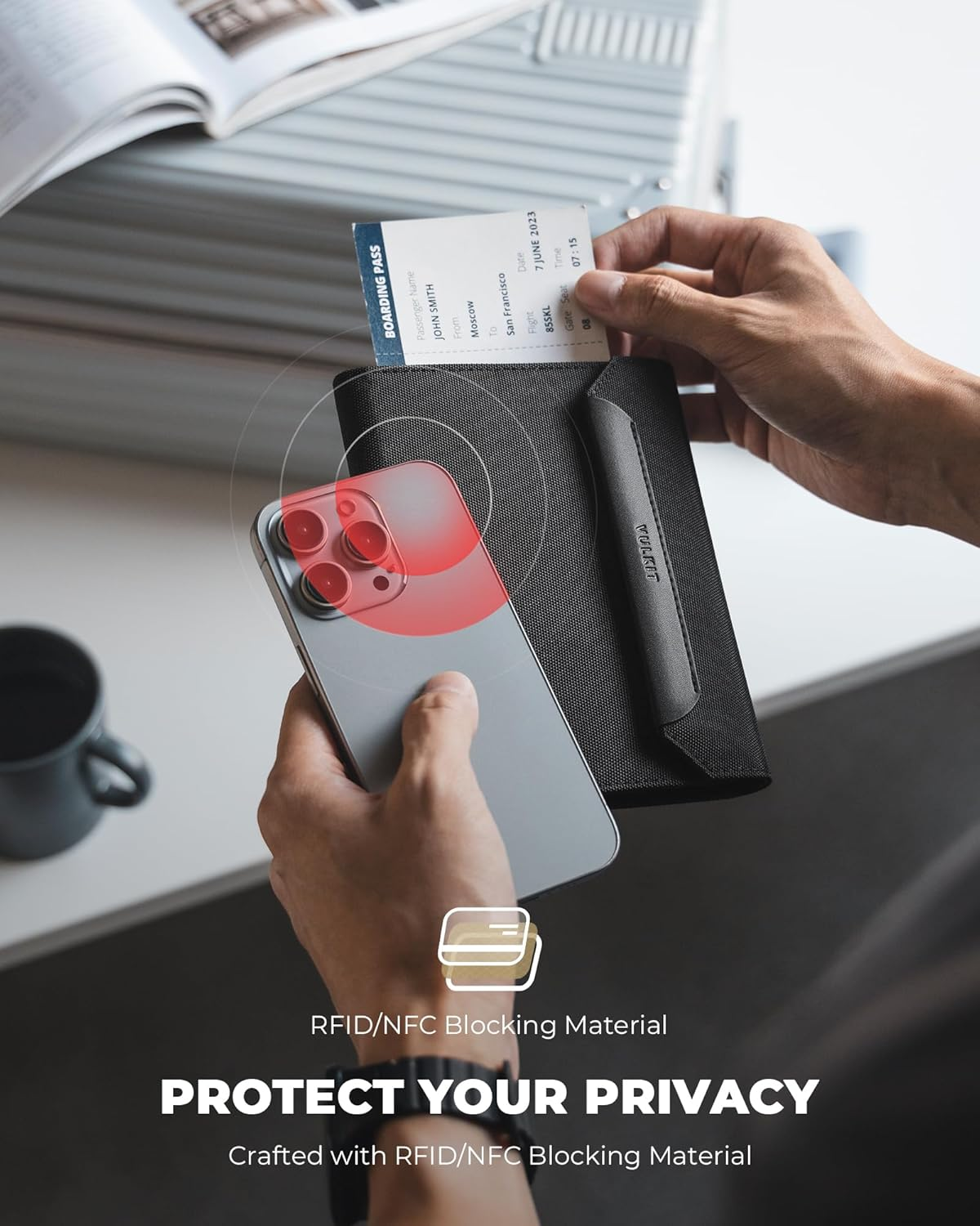 VULKIT Passport Card Holder, Vegan Leather Passport Wallet, RFID Blocking, Travel Essential, Magnetic Closure, Detachable Airtag Holder, Black - Blue image number 3