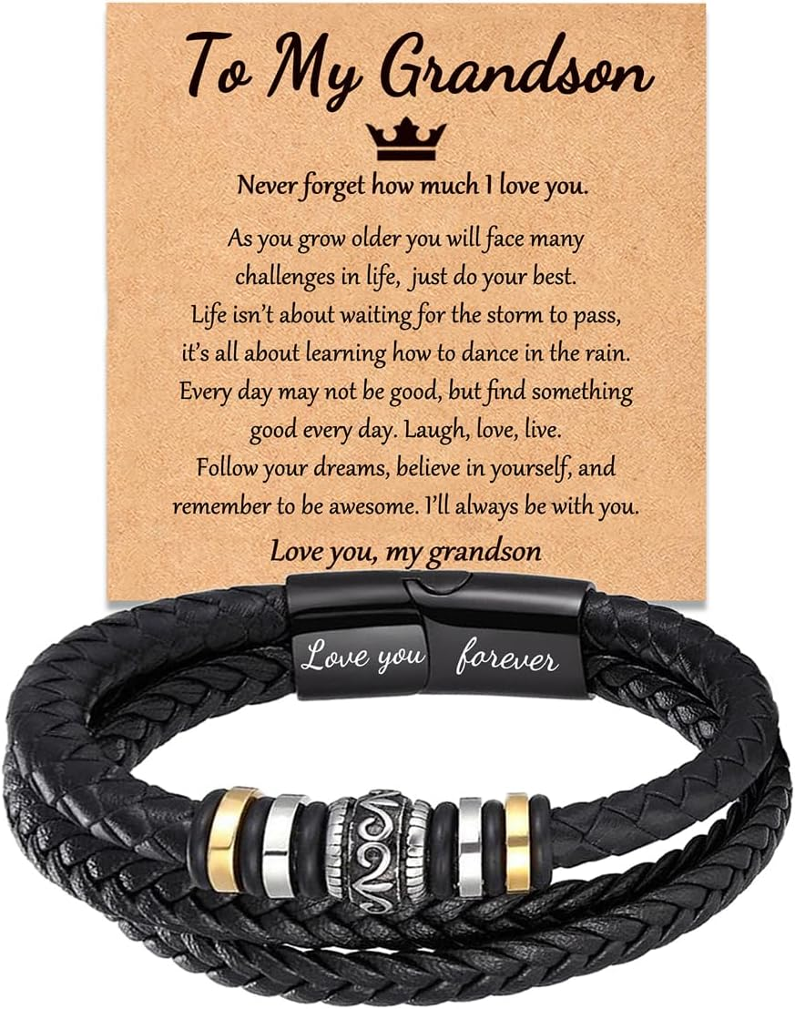 YSSHIN Grandson/Son/ Brother Bracelet, Grandson Gifts from Grandma, Brother Gifts from Sister Braided Leather Bracelet Gifts for Boys Men