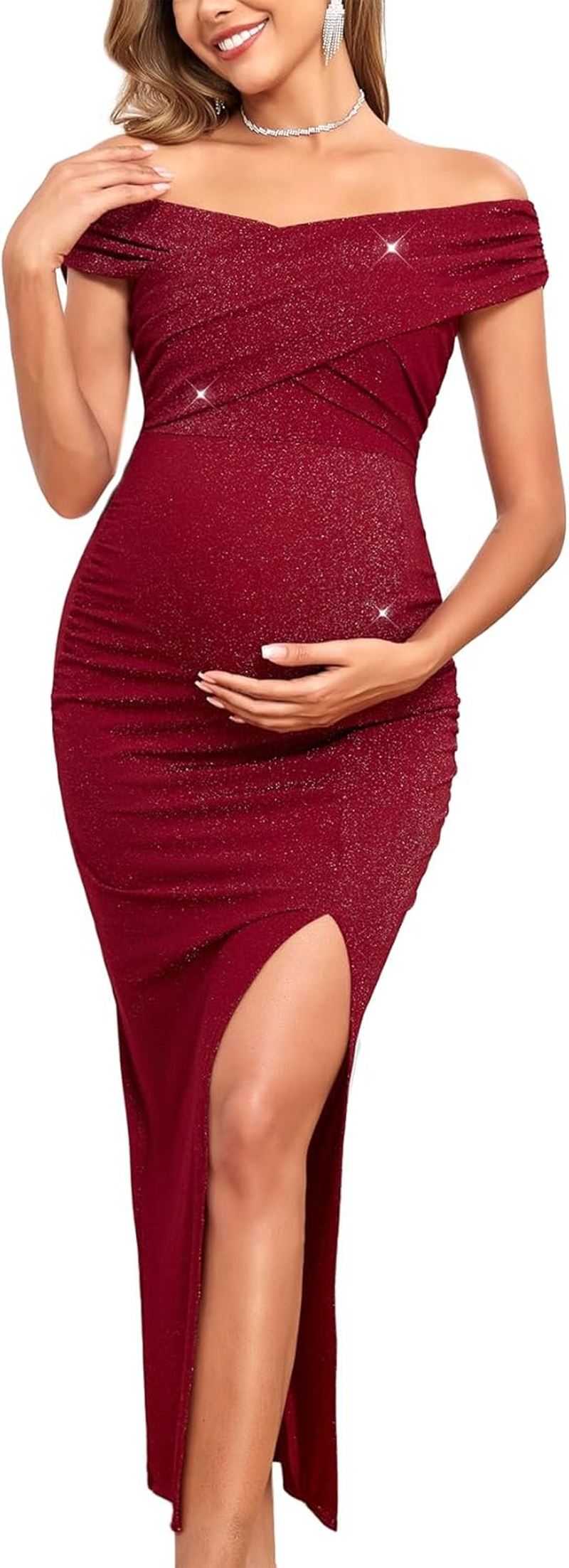 Off Shoulder Maternity Sparkly Split Dress Stretchy Fitted Pregnancy Dresses Semi Formal Baby Shower Photoshoot image number 2