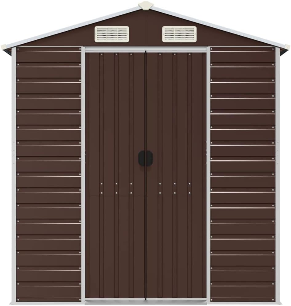 Vidaxl Garden Shed/Outdoor Metal Storage for Firewood and Tools - Brown Galvanised Steel with Ventilation, Door Handles, and Sloping Roof - 191X130X198 Cm image number 5