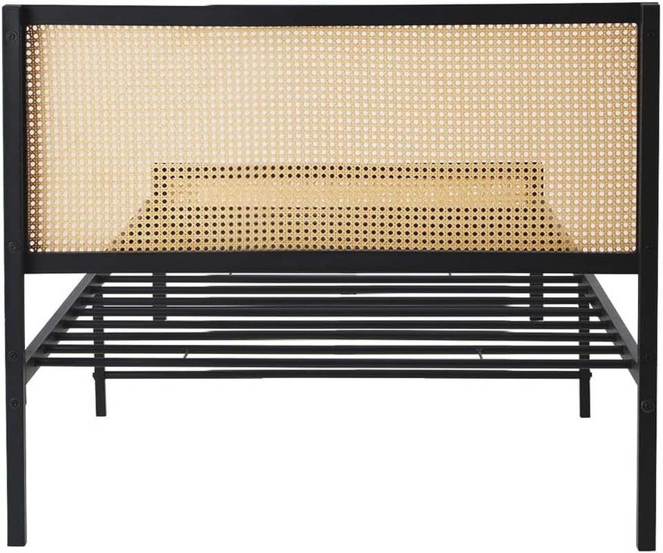 Oikiture Single Bed Base with Rattan Headboard and Steel Slat Single Bed Frame Mattress Platform Black image number 5