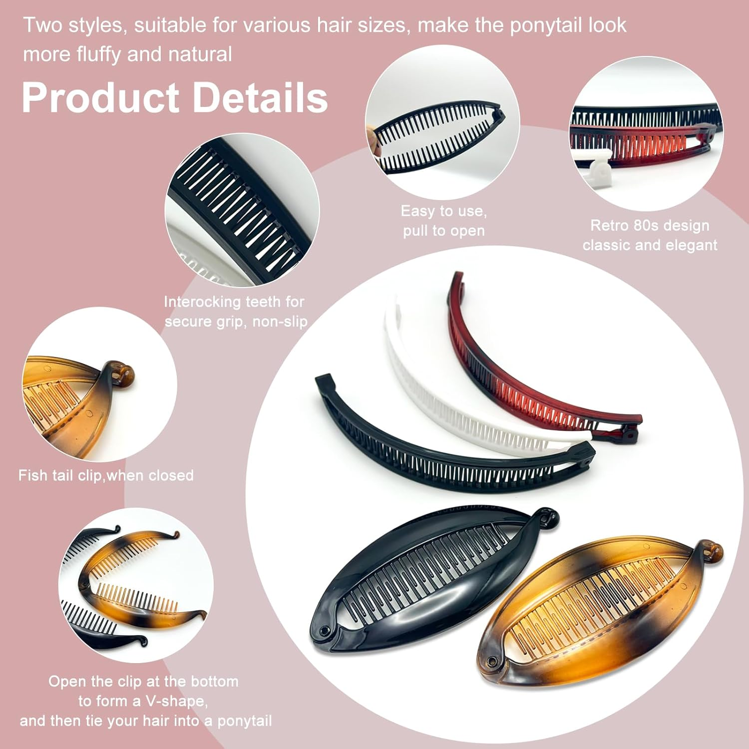 BRDXOOL Pack of 5 Banana Hair Clips, Women'S Fish Clips, Elegant Classic Ponytail Clips, Hair Arrangement, Suitable for Thick Hair, Non-Slip, Fashionable, Portable (Two Styles) image number 2