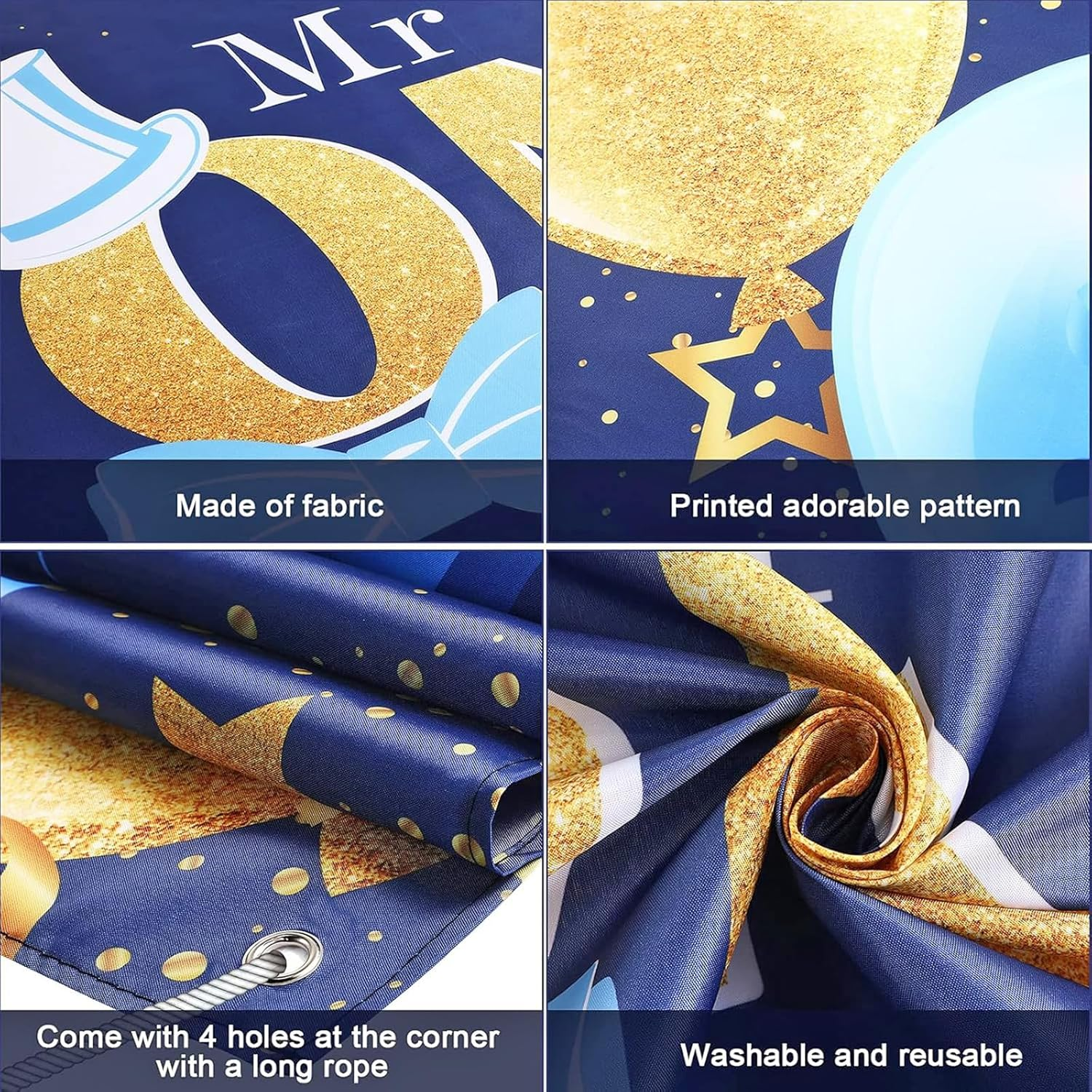 Boys 1St Birthday Party Decoration Large First Birthday Backdrop Banner, One Year Old Party Decor Photo Prop Blue Gold