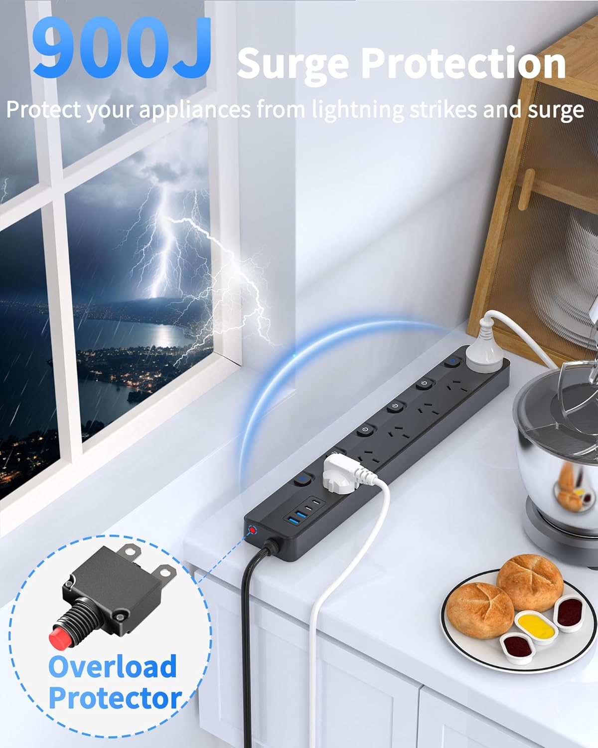 Power Board Individual Switch, Powerboard with 6 AC Outlets 4 USB Ports (2 USB C), 900J Power Board Surge Protected, SAA Certified, 2M Extension Cord for Home and Office, Black image number 3